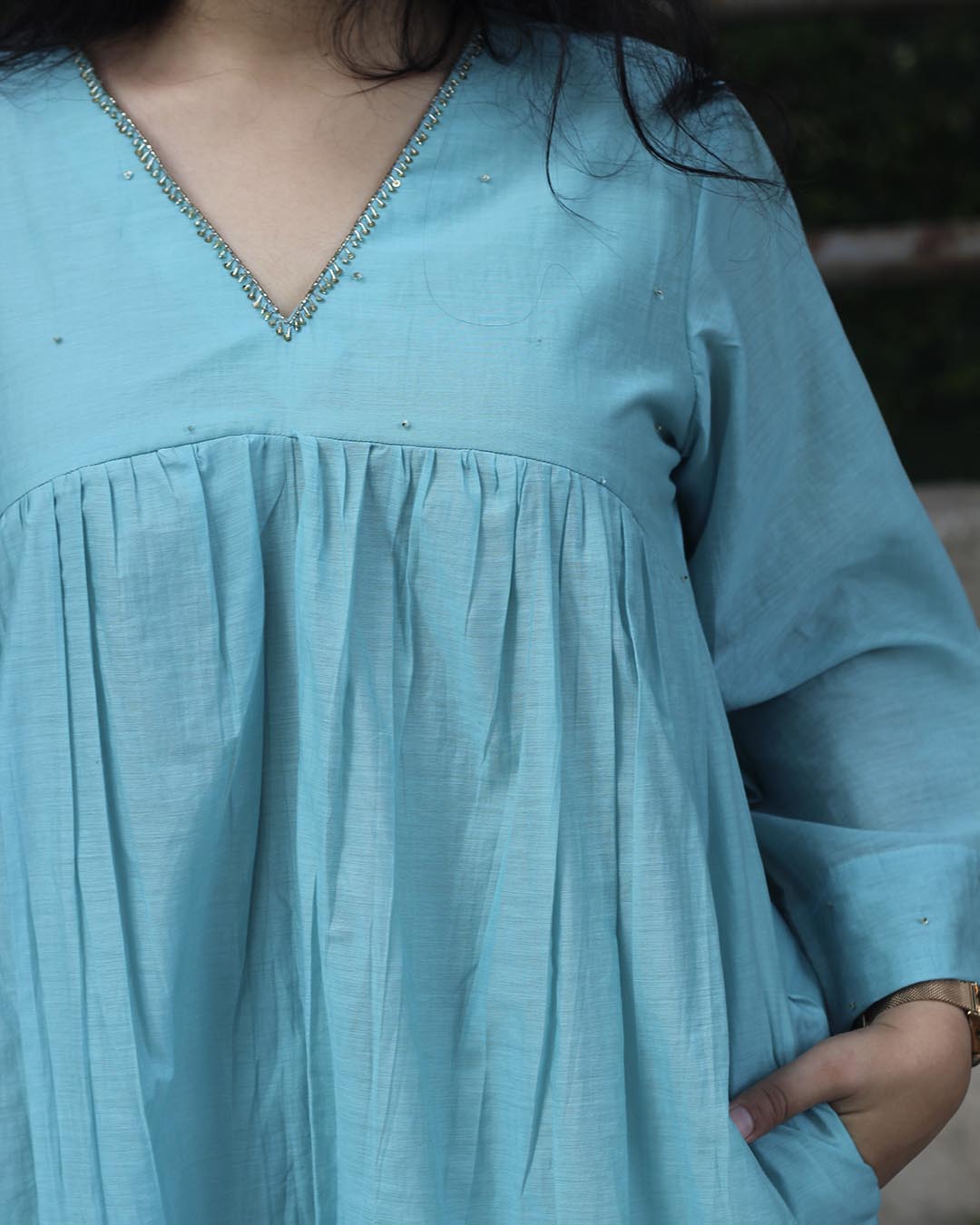 Mul Chanderi Turquoise Blue Kurta Set- Set of 2