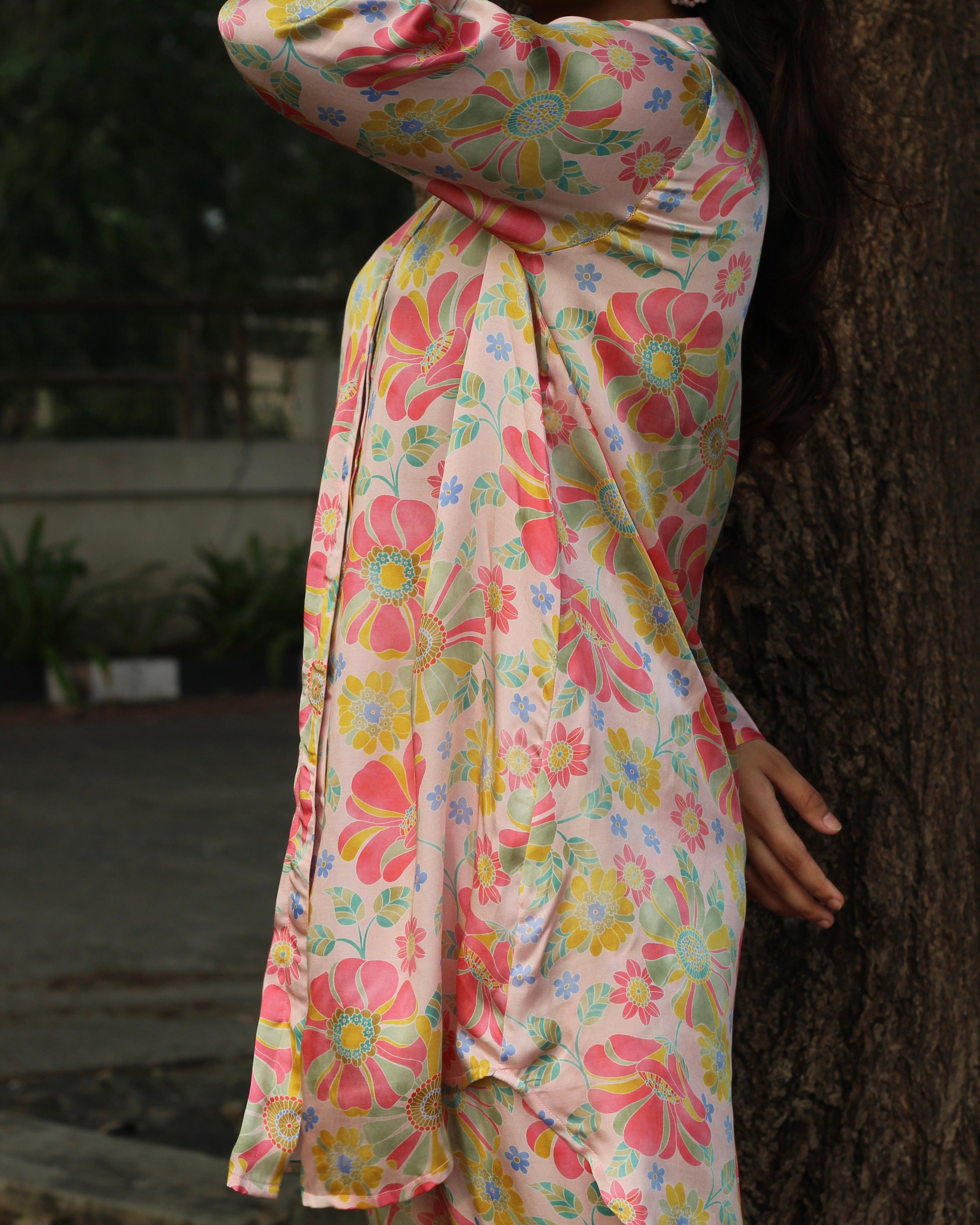 Bamberg Muslin floral co-ord set featuring a long shirt with collar and comfortable pants in soft fabric with a subtle shine