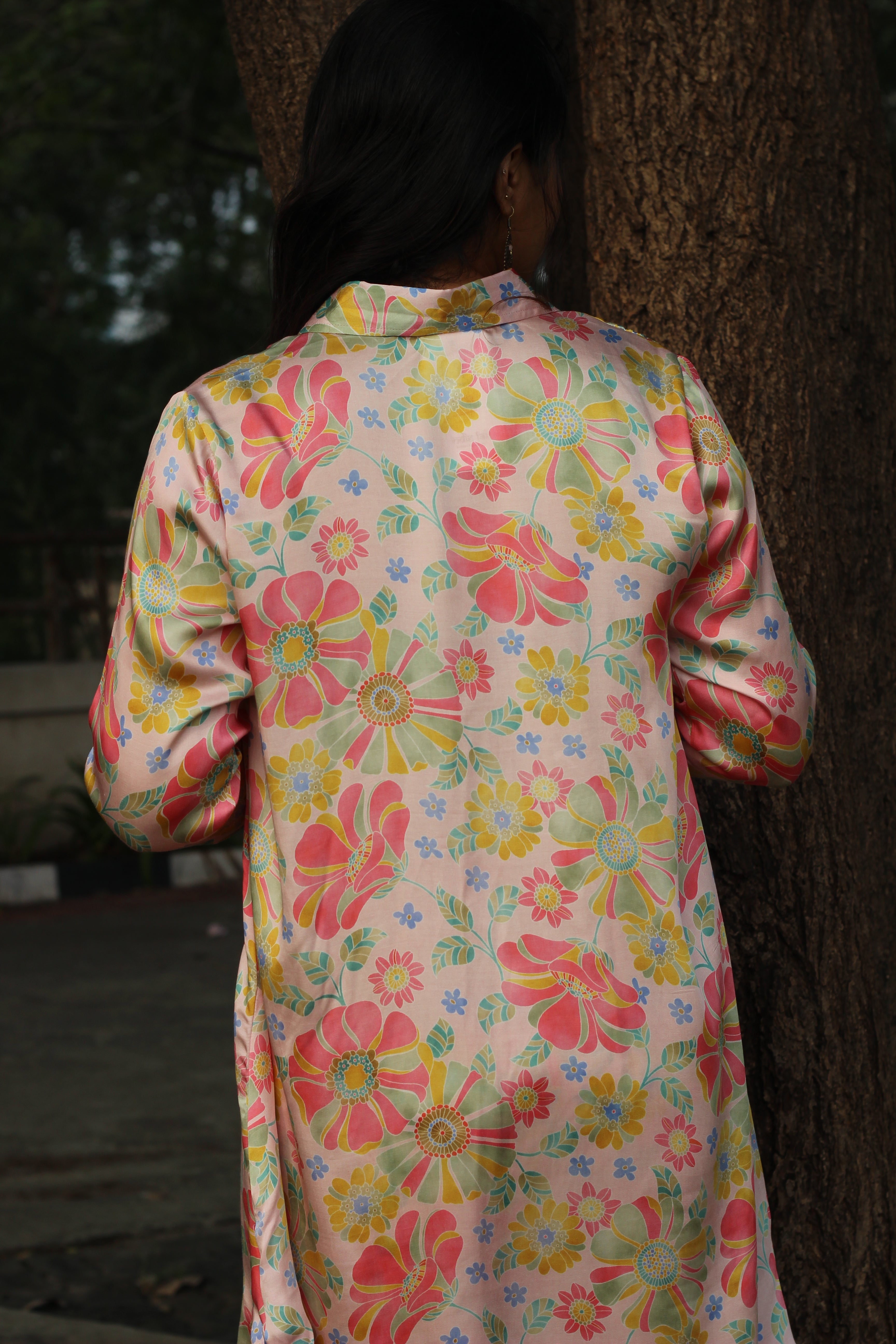 Bamberg Muslin floral co-ord set featuring a long shirt with collar and comfortable pants in soft fabric with a subtle shine