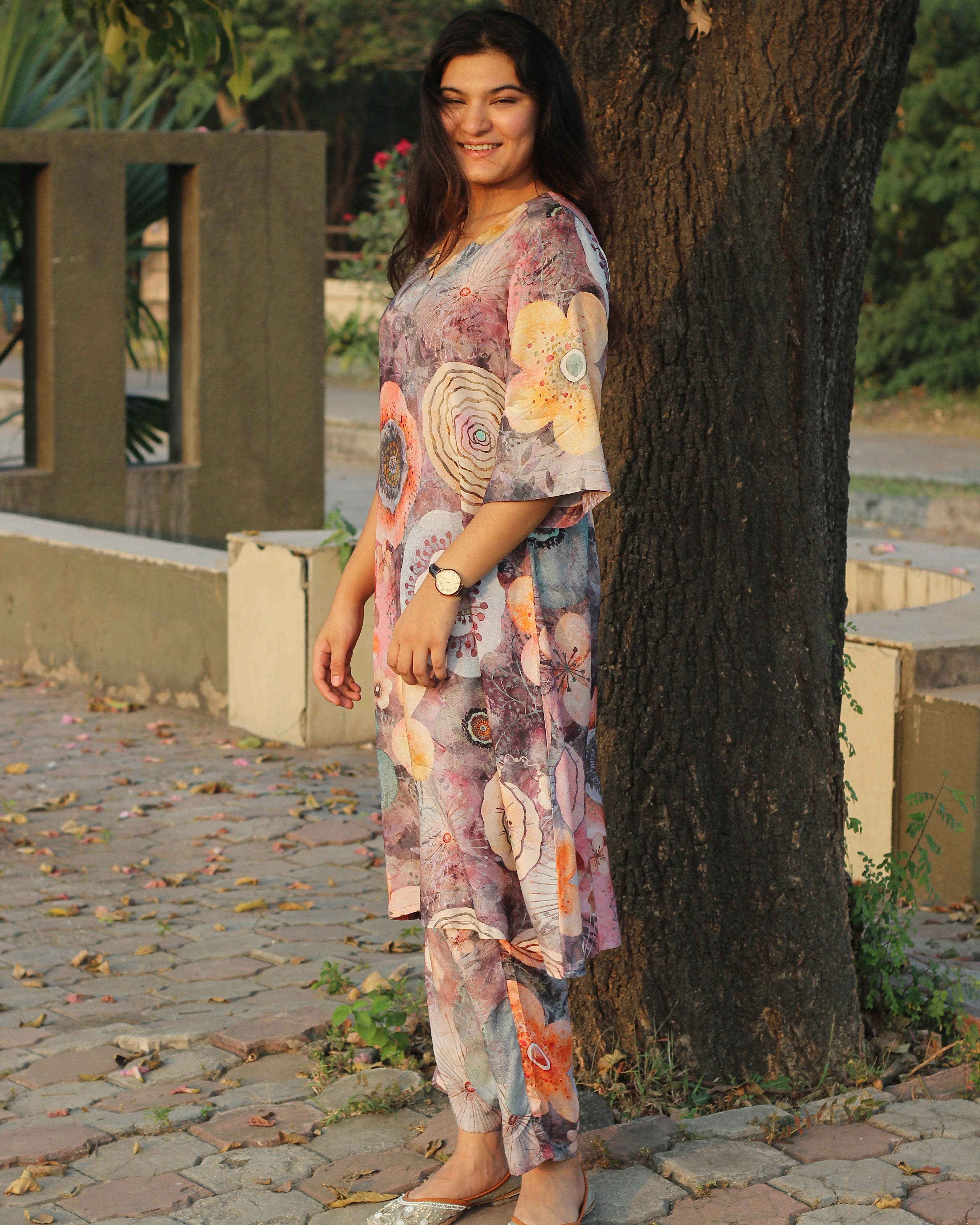 Colorful muslin kurta and pant set with unique patterns