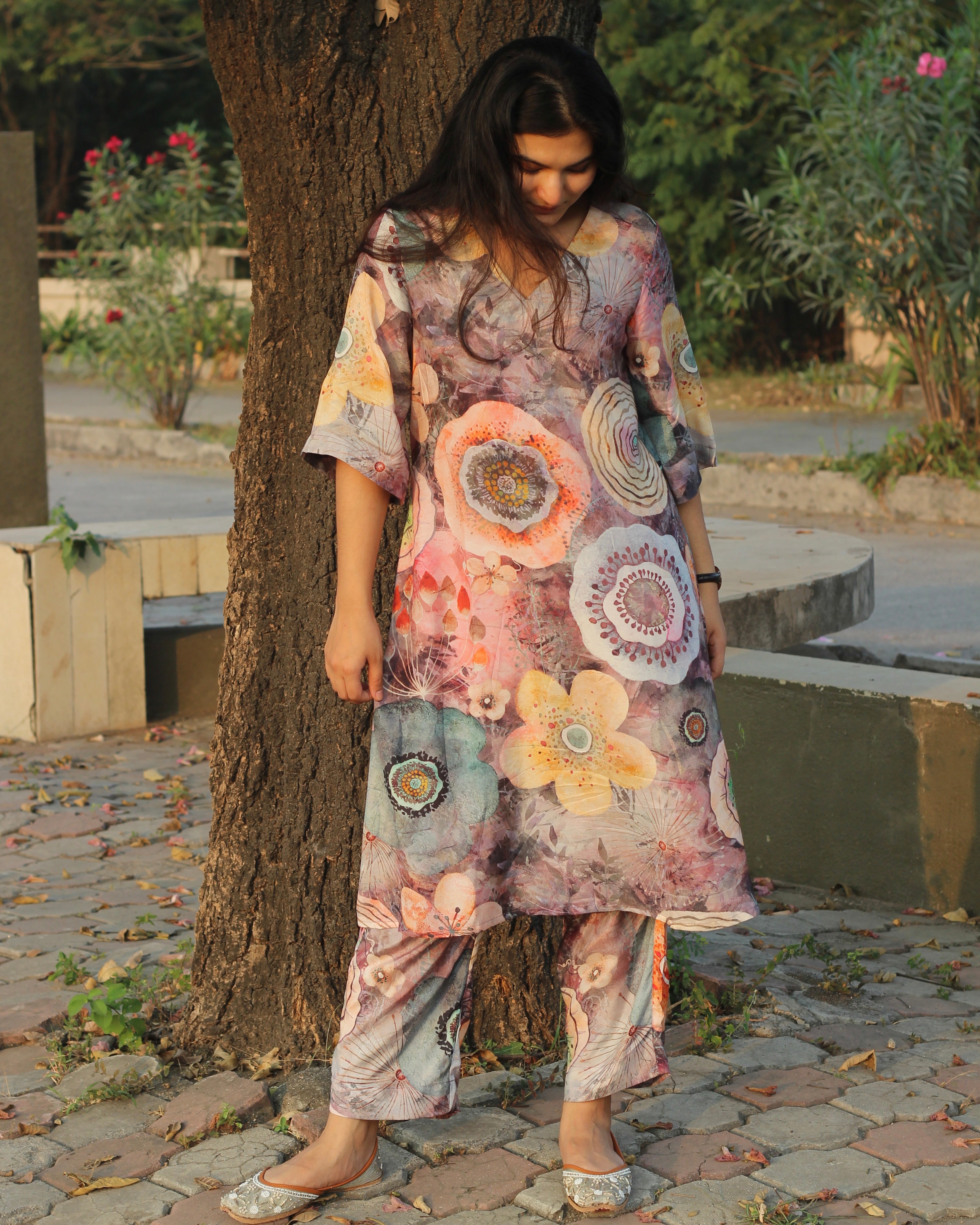 Vibrant muslin kurta set with multicolor bold prints