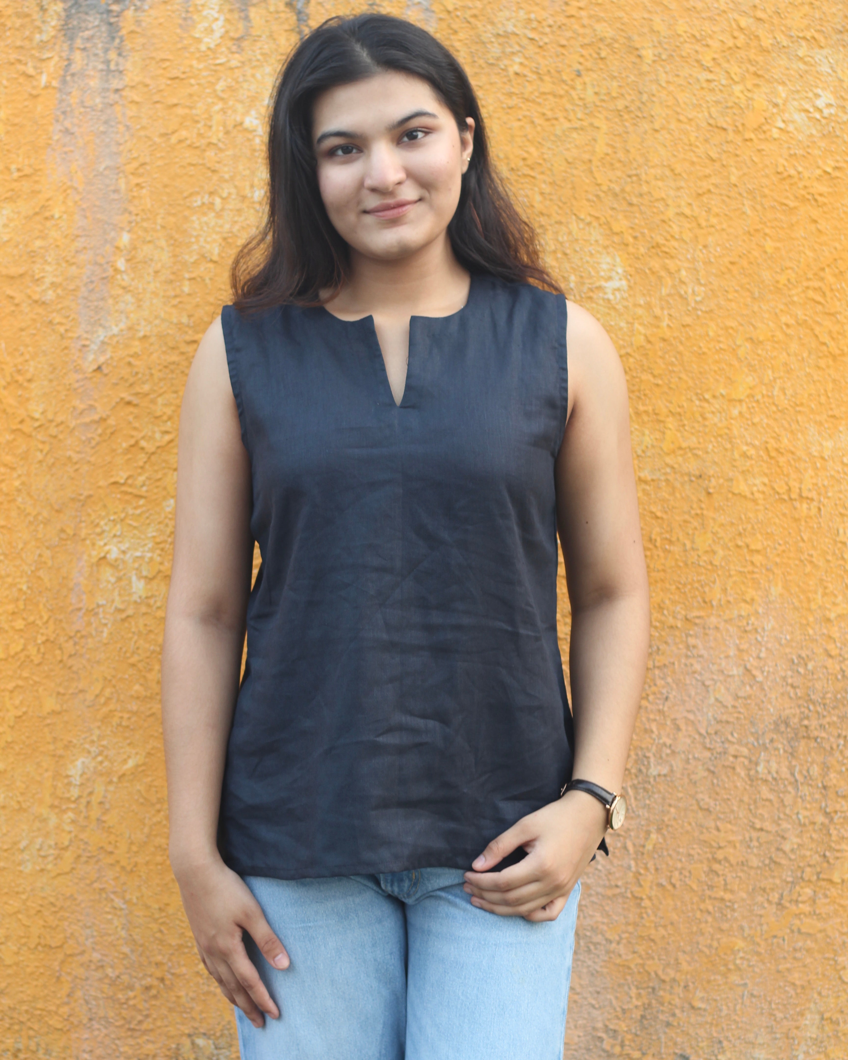 Premium linen sleeveless short kurta in Navy Blue, perfect for pairing with wide leg jeans for a brunch or casual workwear