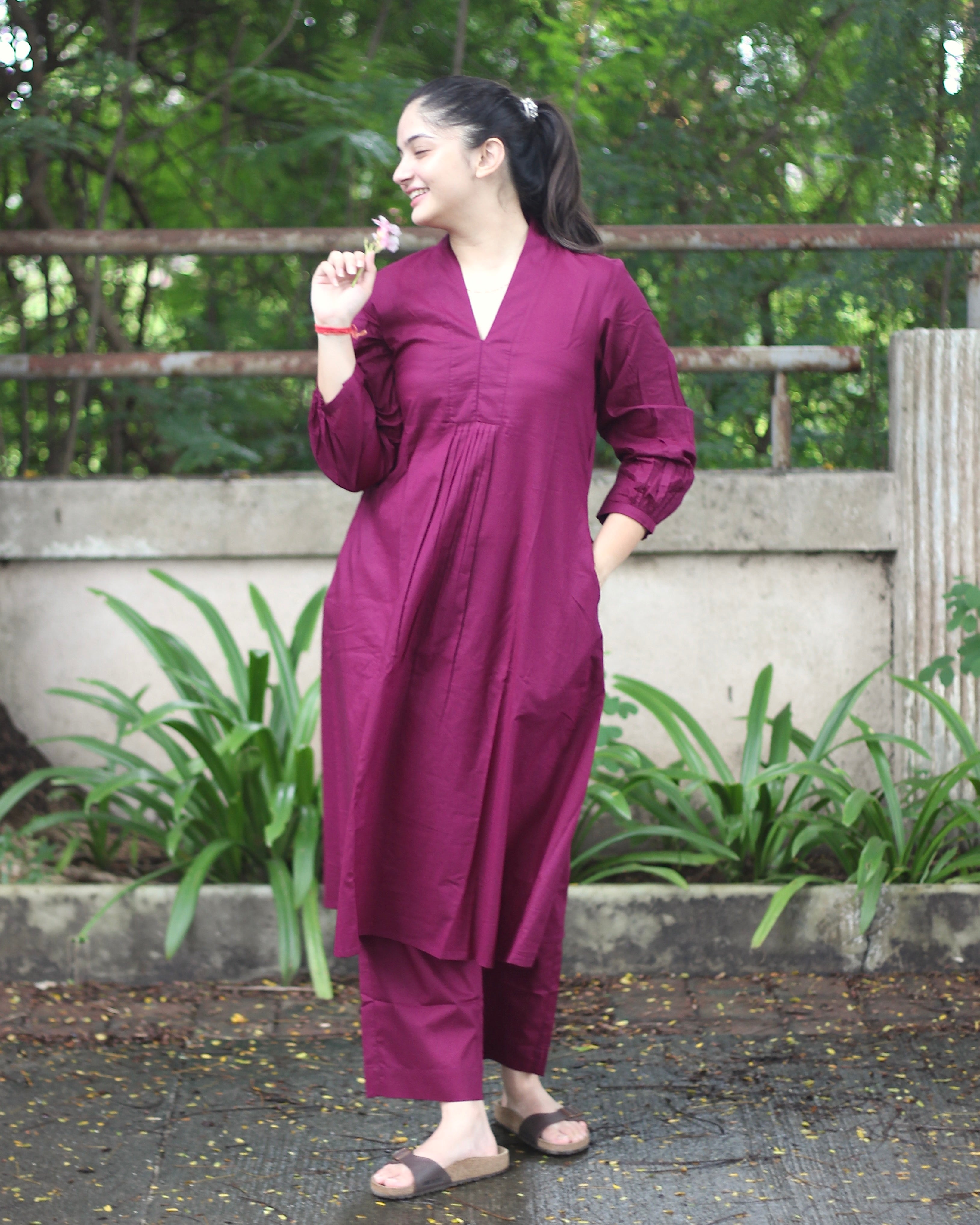 Tyran Purple Pure Cotton Pleated Kurta set- Set of 2