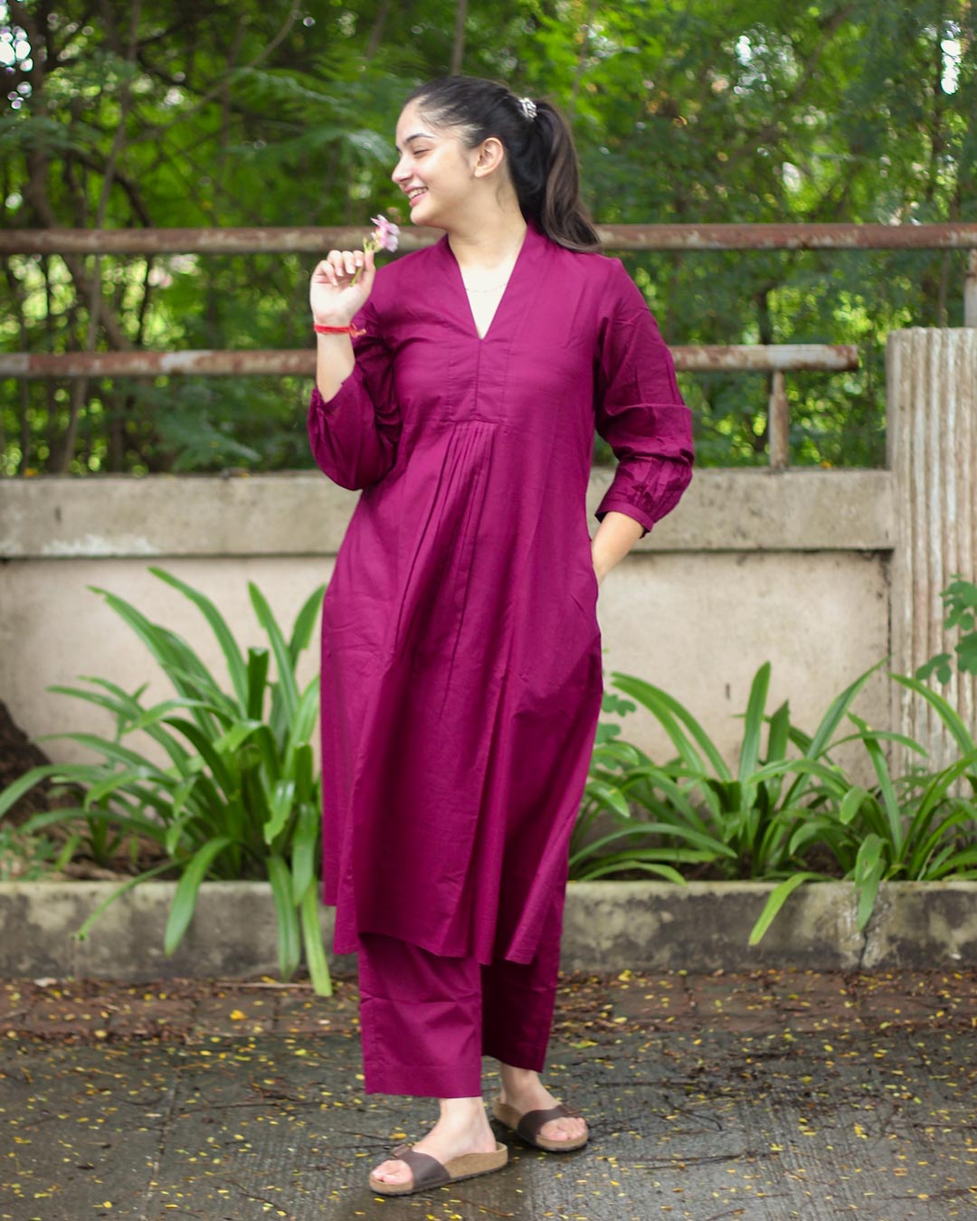 Tyran Purple Pure Cotton Pleated Kurta set- Set of 2