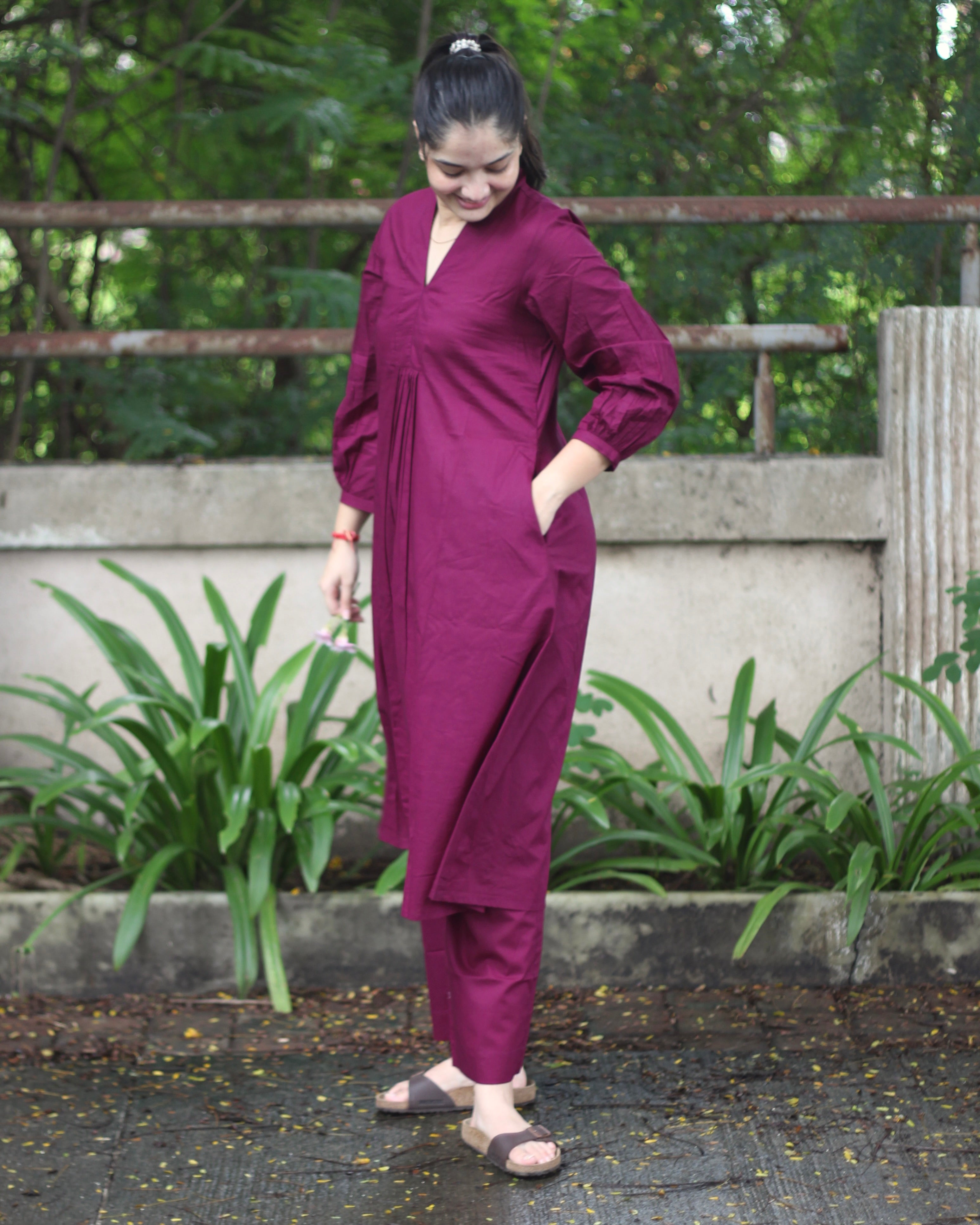 Tyran Purple Pure Cotton Pleated Kurta set- Set of 2