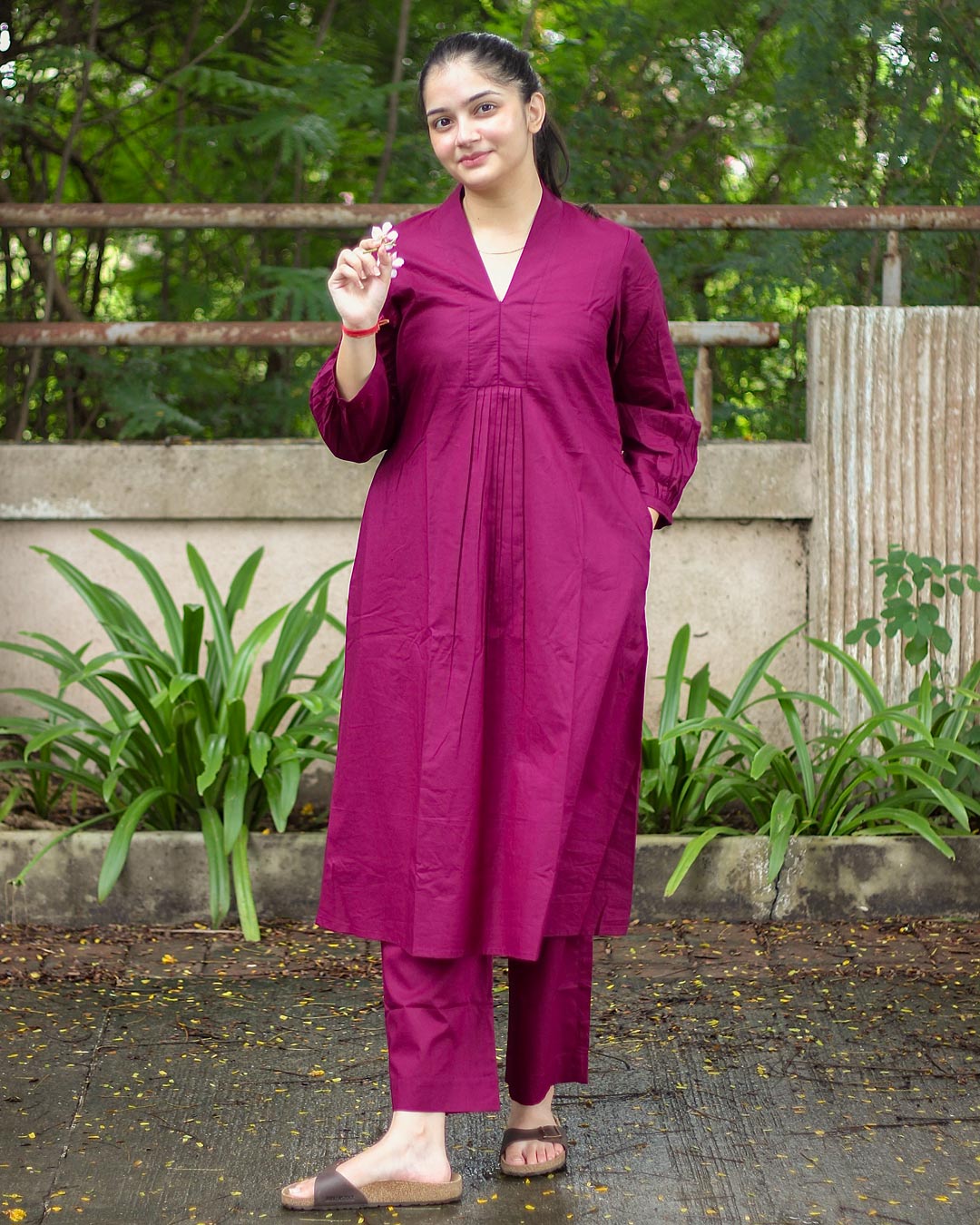 Tyran Purple Pure Cotton Pleated Kurta set- Set of 2