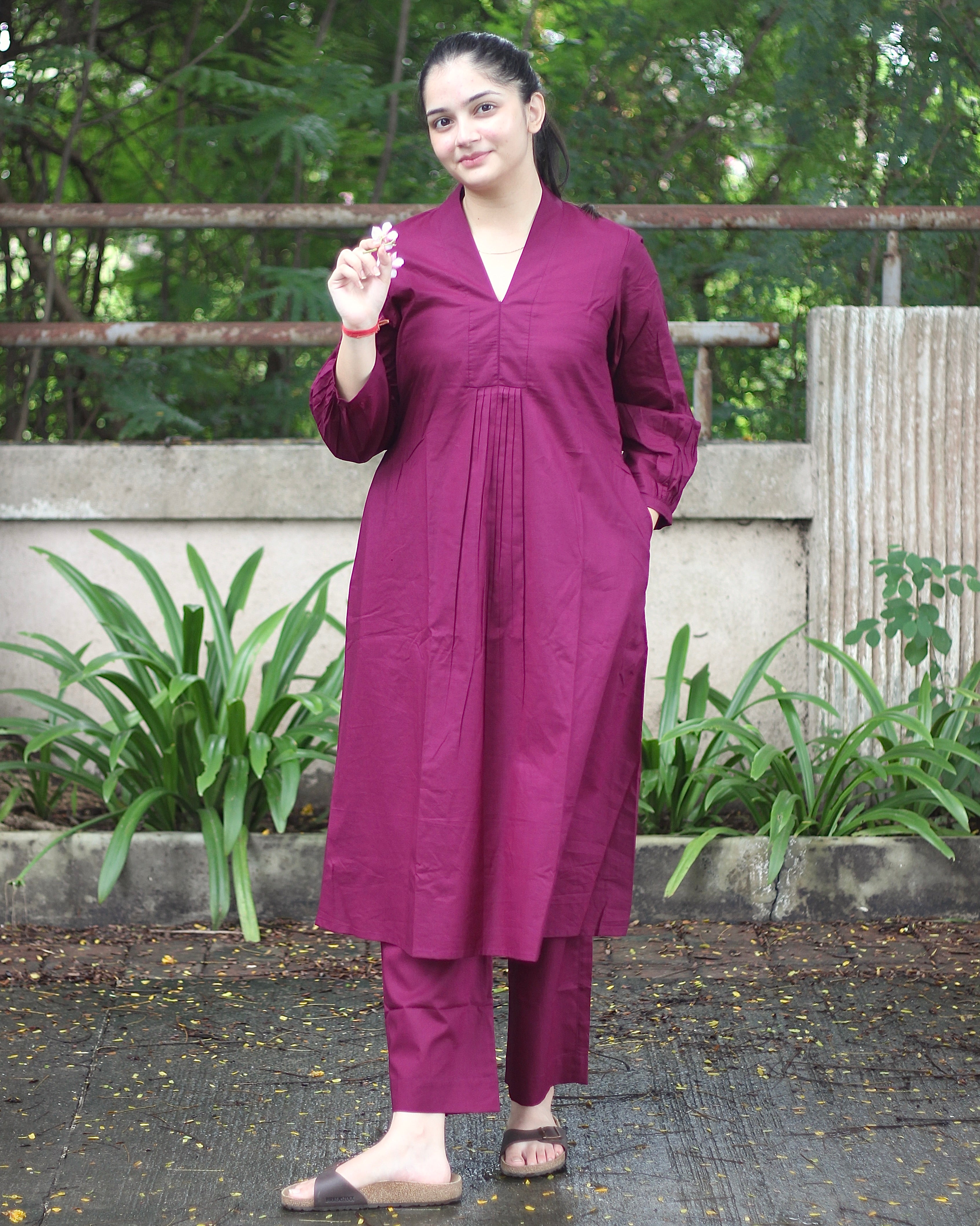 Tyran Purple Pure Cotton Pleated Kurta set- Set of 2