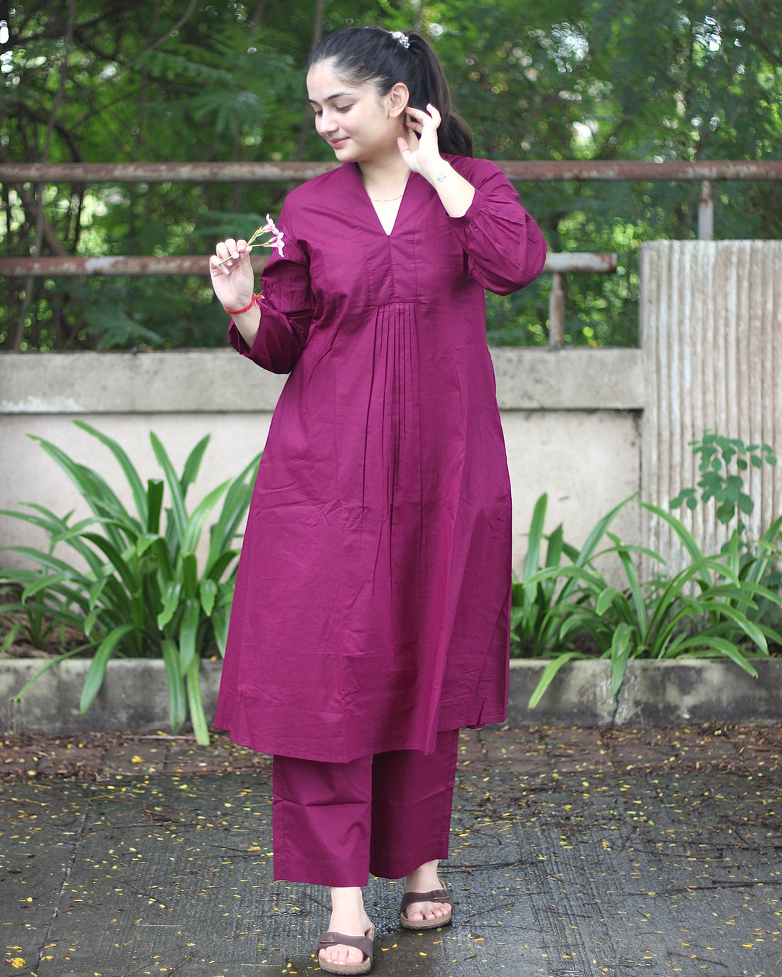 Tyran Purple Pure Cotton Pleated Kurta set- Set of 2