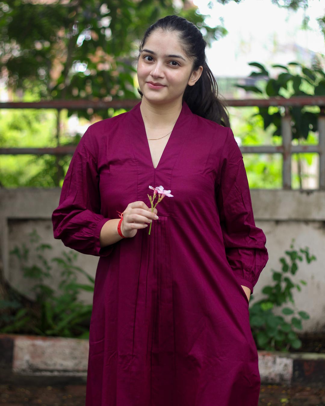 Tyran Purple Pure Cotton Pleated Kurta set- Set of 2