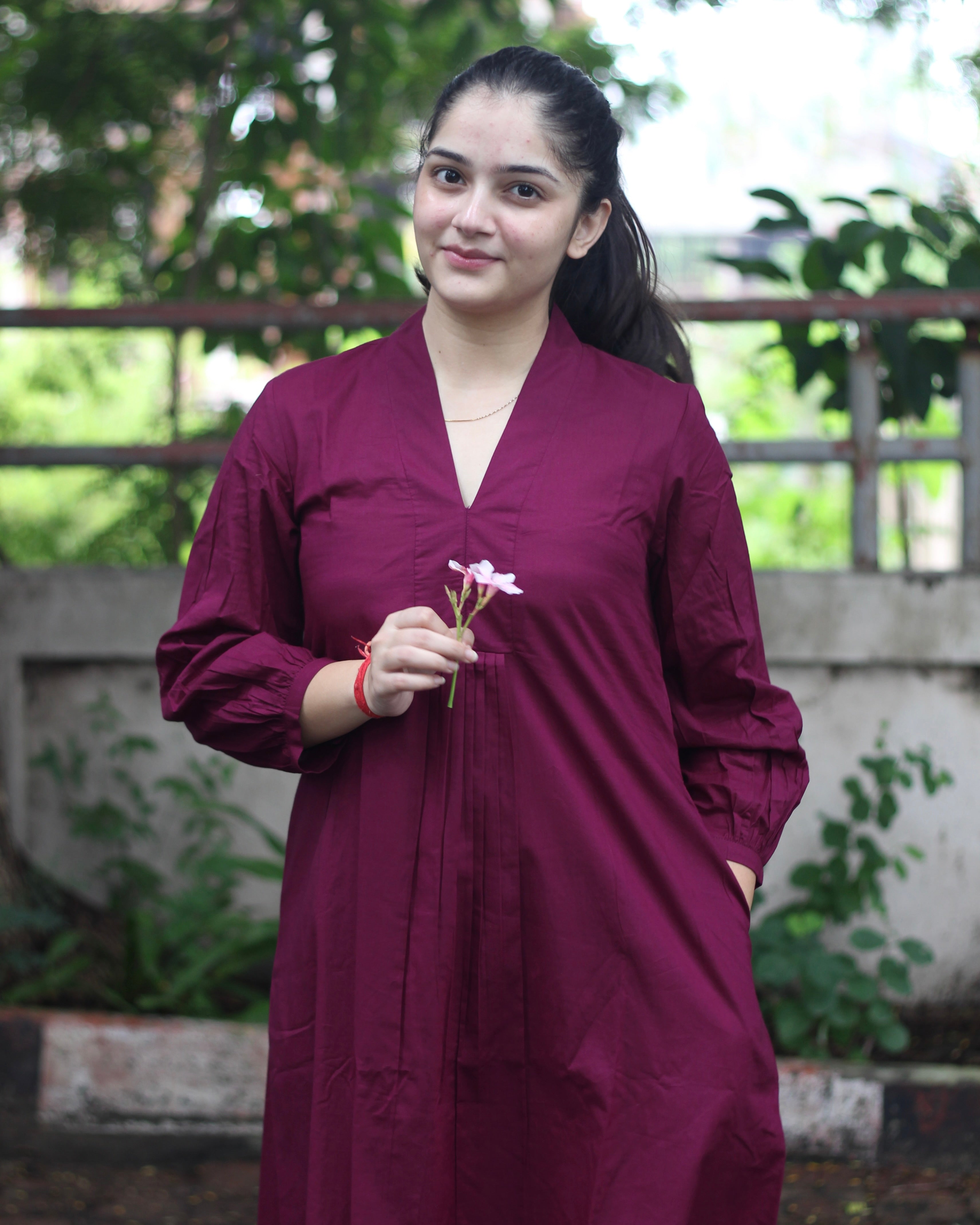 Tyran Purple Pure Cotton Pleated Kurta set- Set of 2