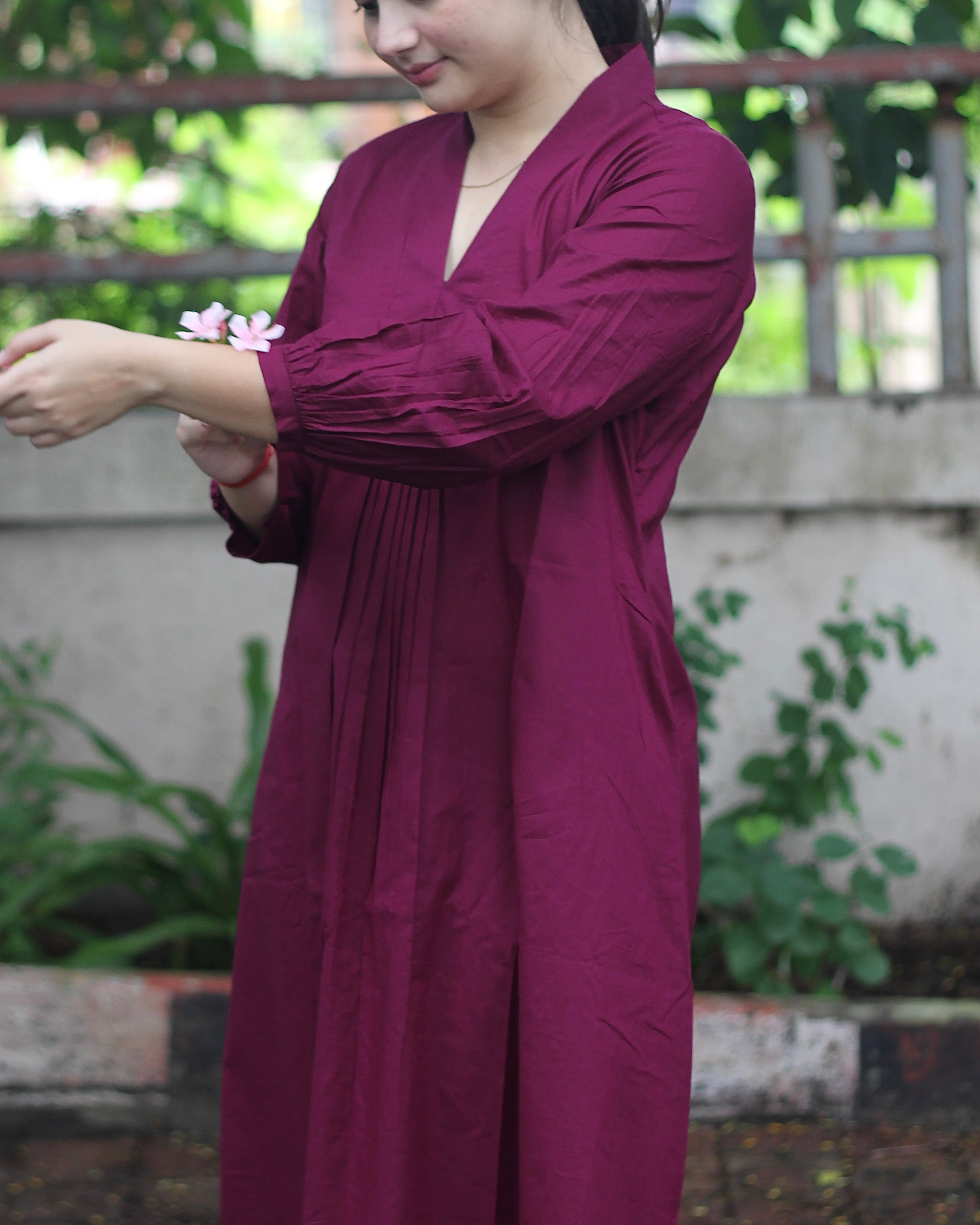 Tyran Purple Pure Cotton Pleated Kurta set- Set of 2