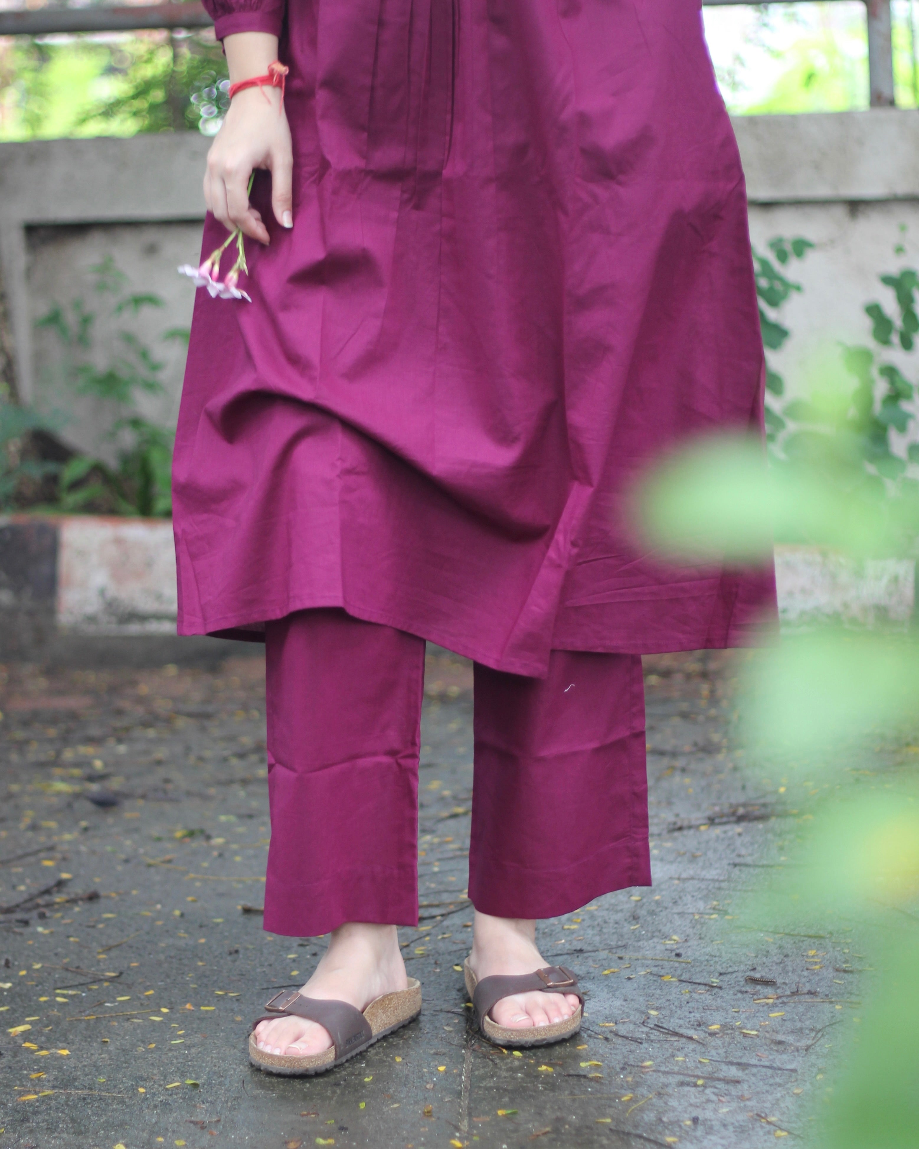 Tyran Purple Pure Cotton Pleated Kurta set- Set of 2