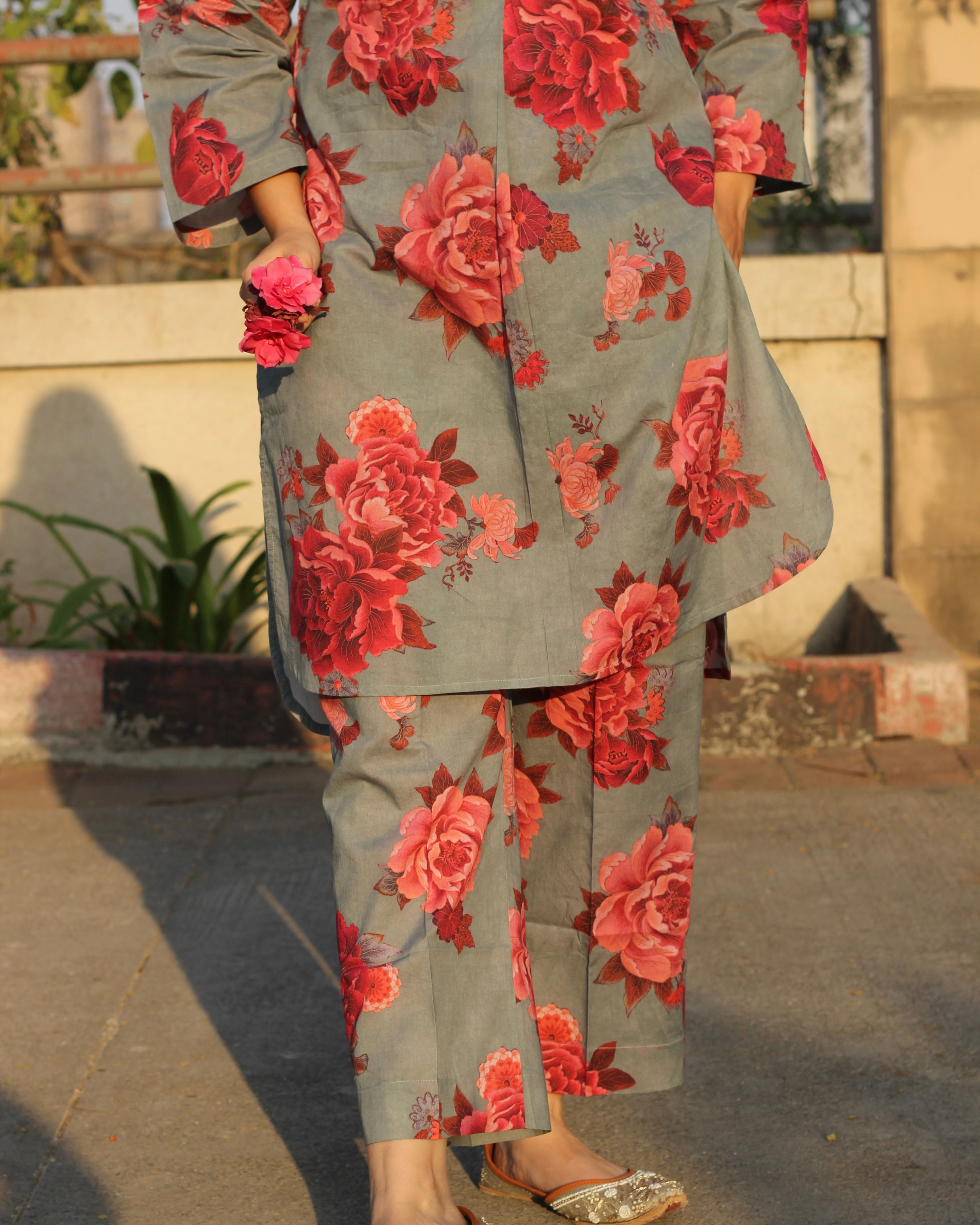 Cambric cotton pants- rose print 