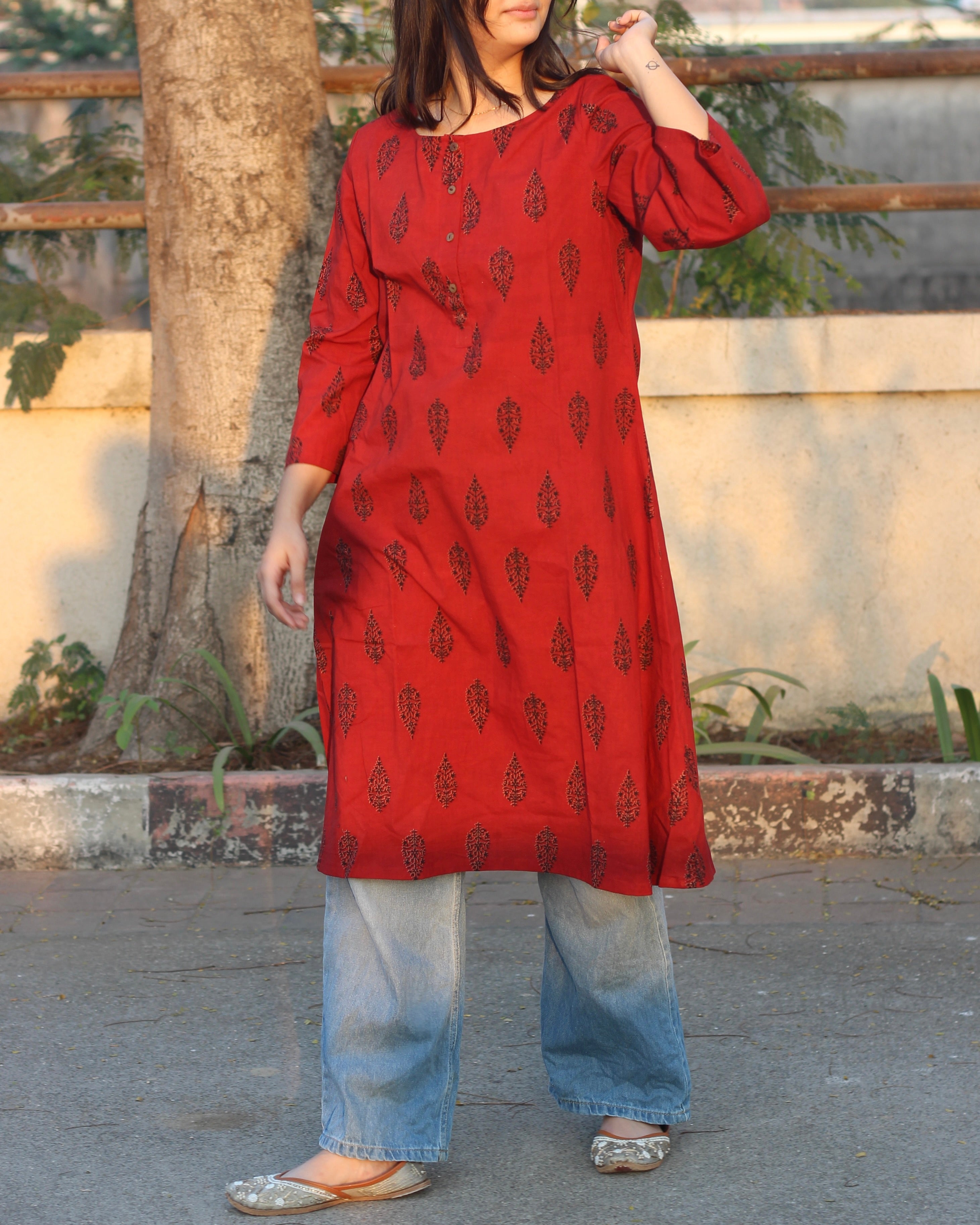 Block print pure cotton Kurta in Red