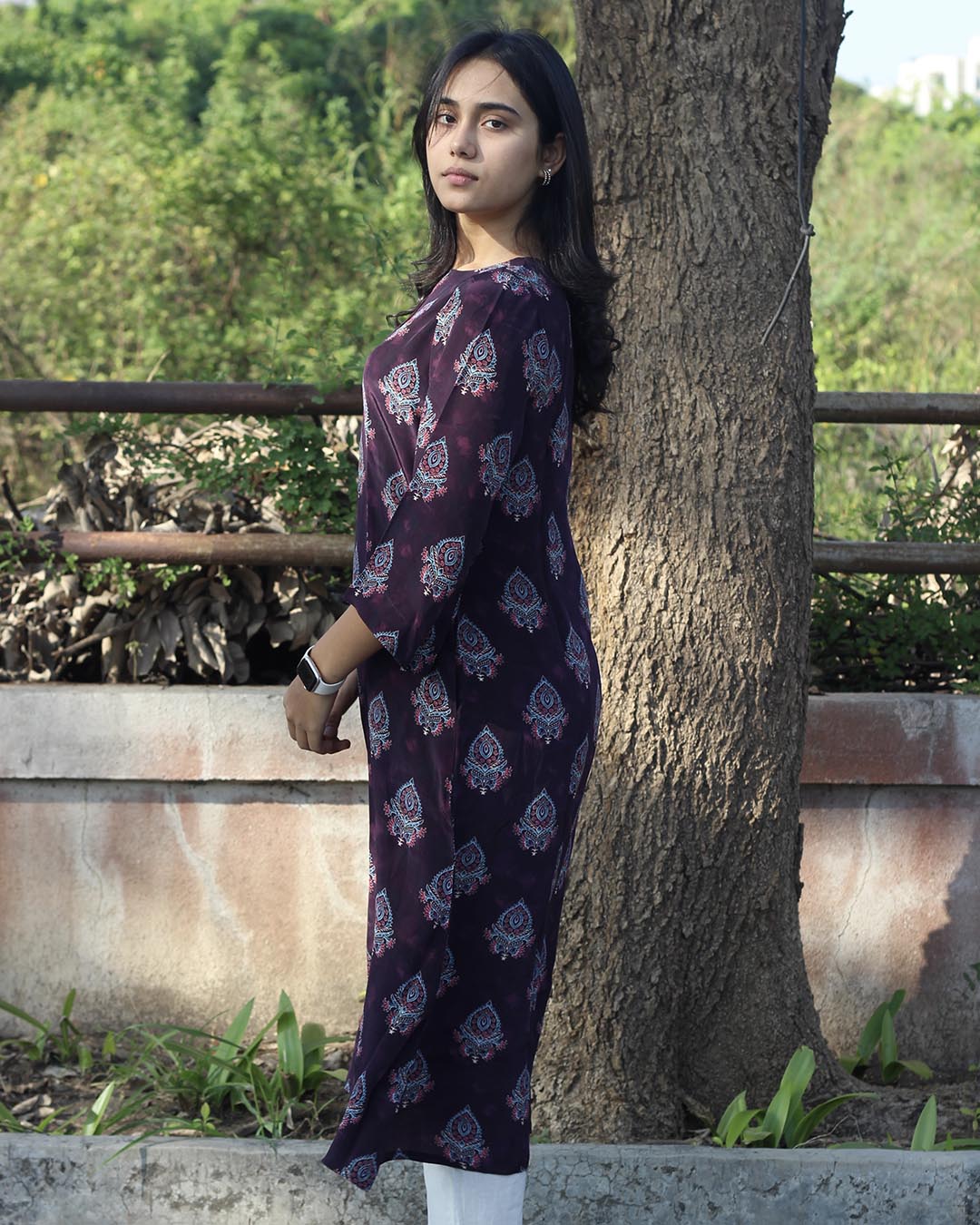 Meher Pure Crepe Dusty Purple Printed Kurta