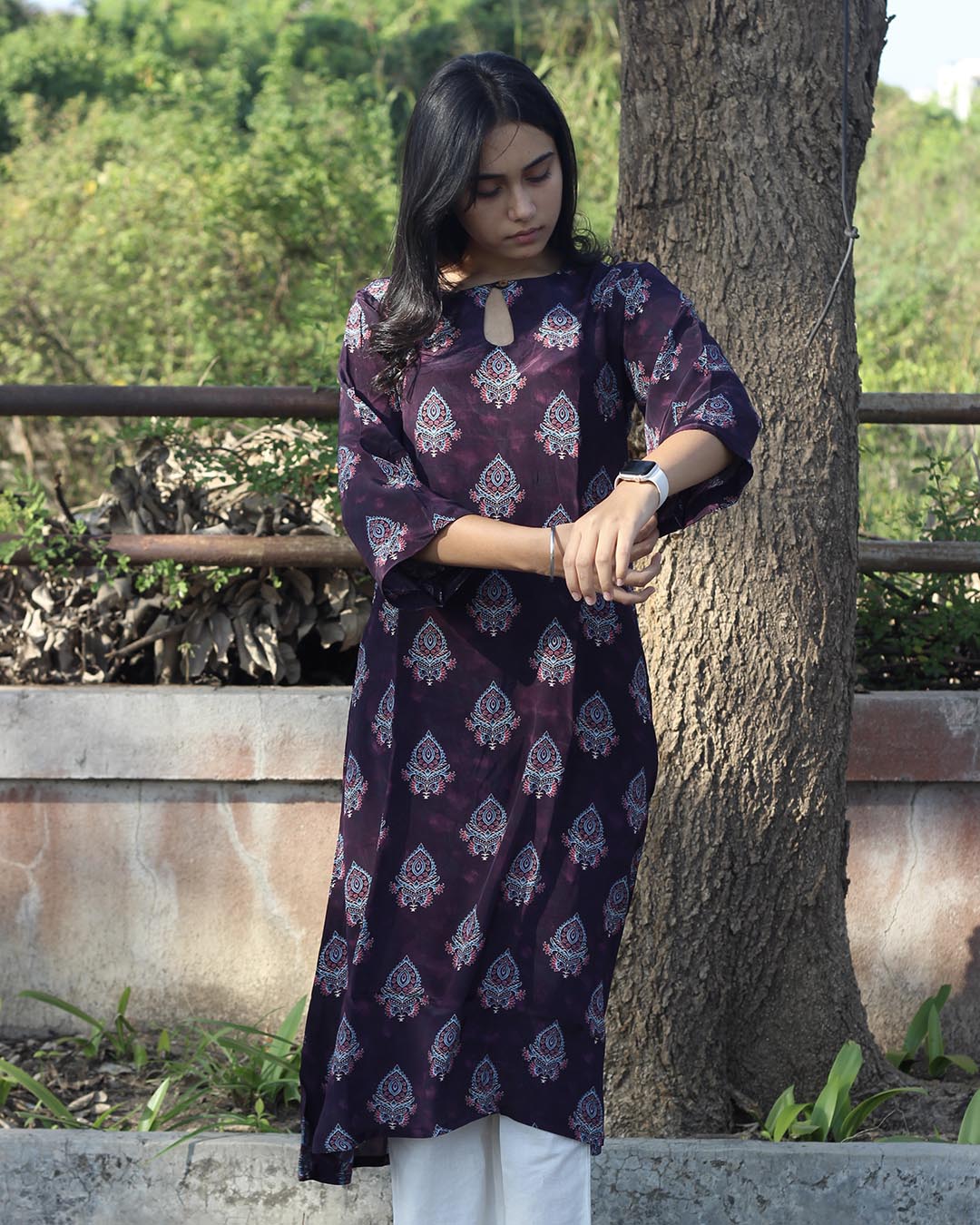 Meher Pure Crepe Dusty Purple Printed Kurta