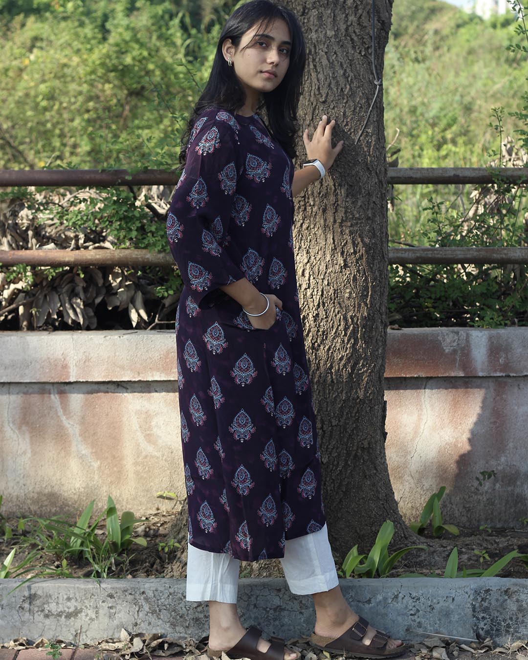 Meher Pure Crepe Dusty Purple Printed Kurta
