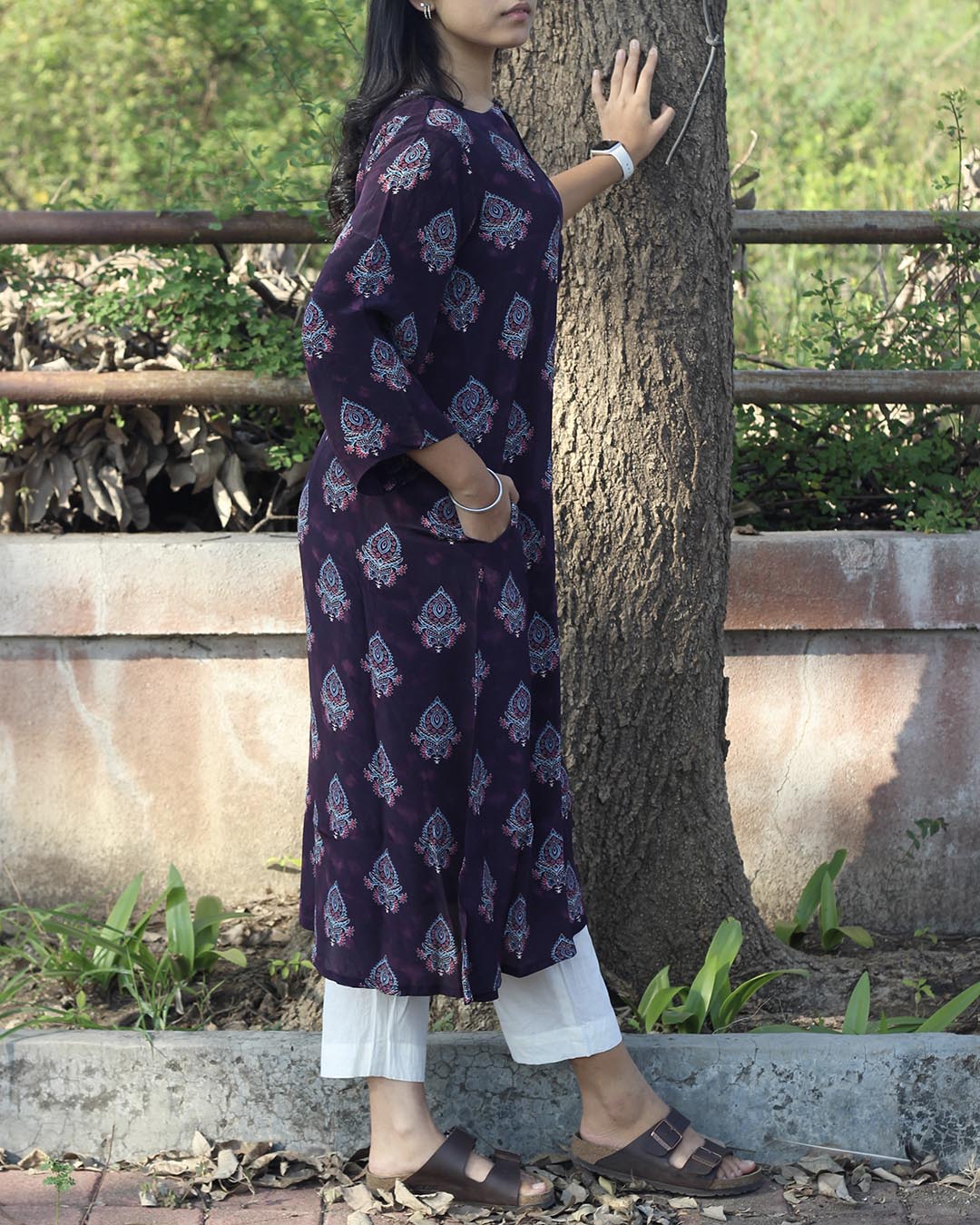 Meher Pure Crepe Dusty Purple Printed Kurta