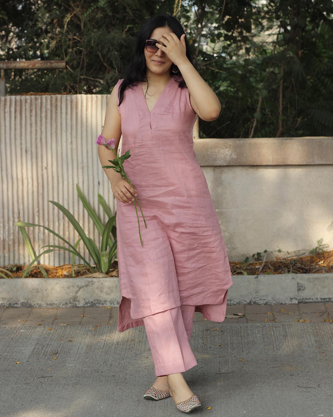 Cherry Pink Pure Linen Co-ord/Kurta pant set