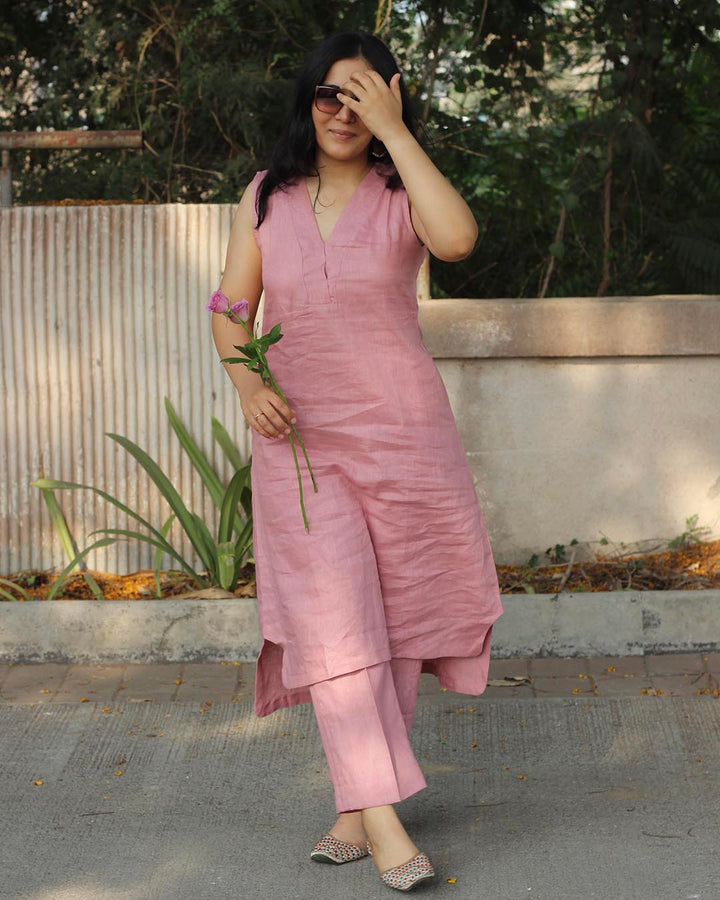 Cherry Pink Pure Linen Co-ord/Kurta pant set