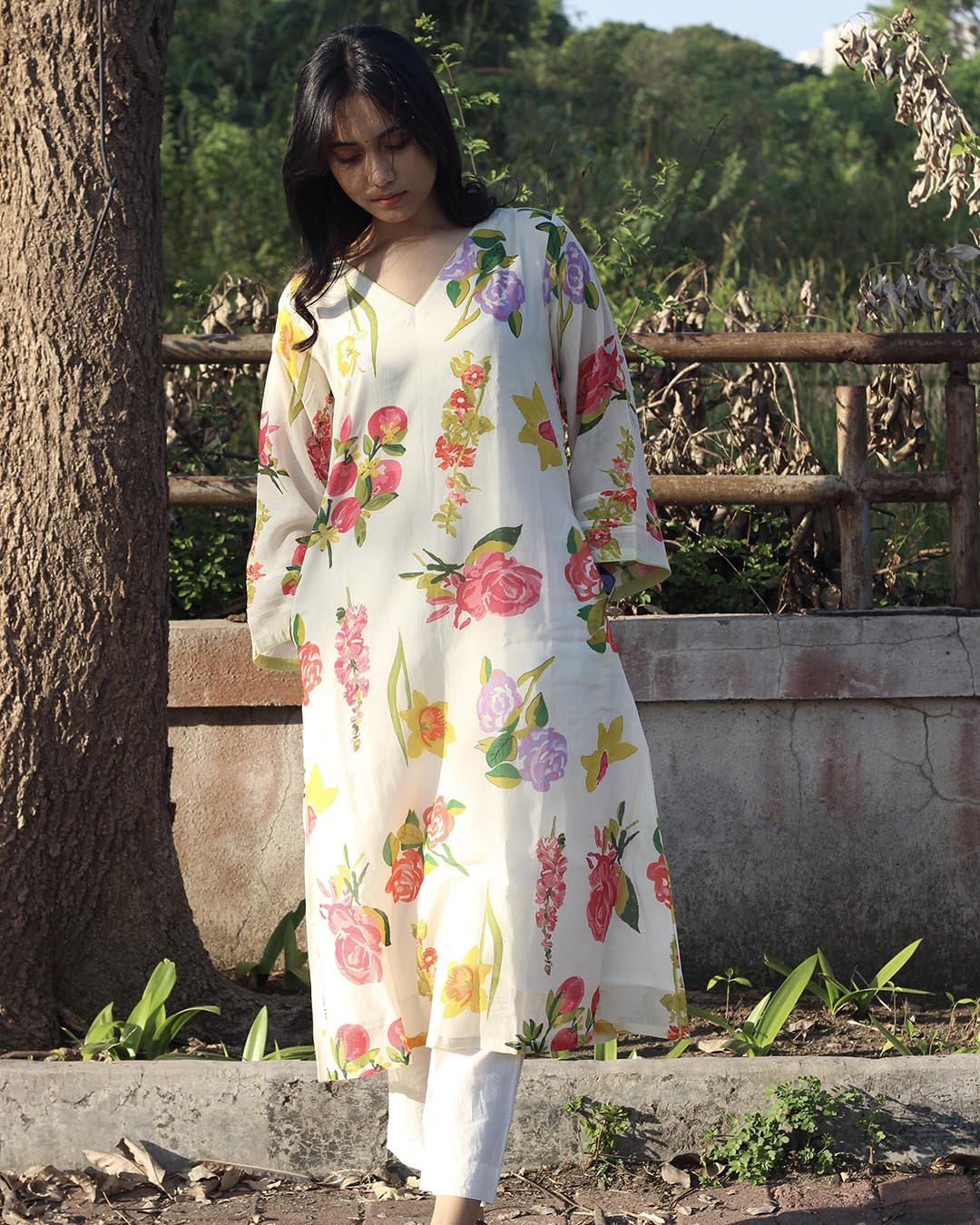 Pure Mul Chanderi Floral Kurta with Cotton Lining