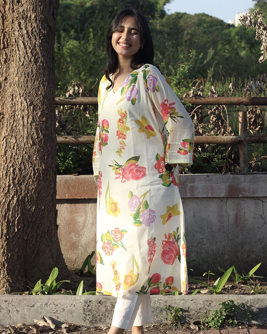 Pure Mul Chanderi Floral Kurta with Cotton Lining