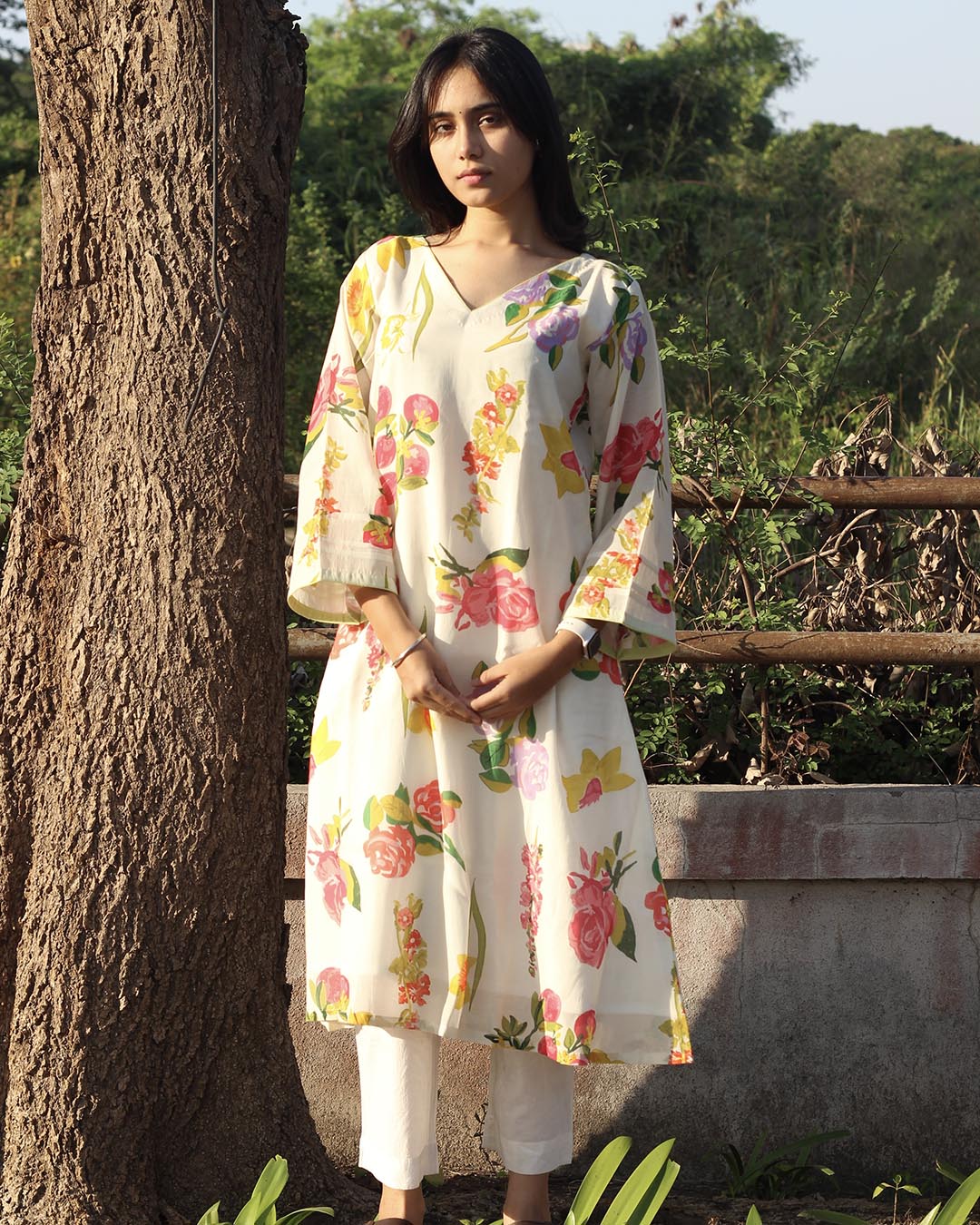 Pure Mul Chanderi Floral Kurta with Cotton Lining