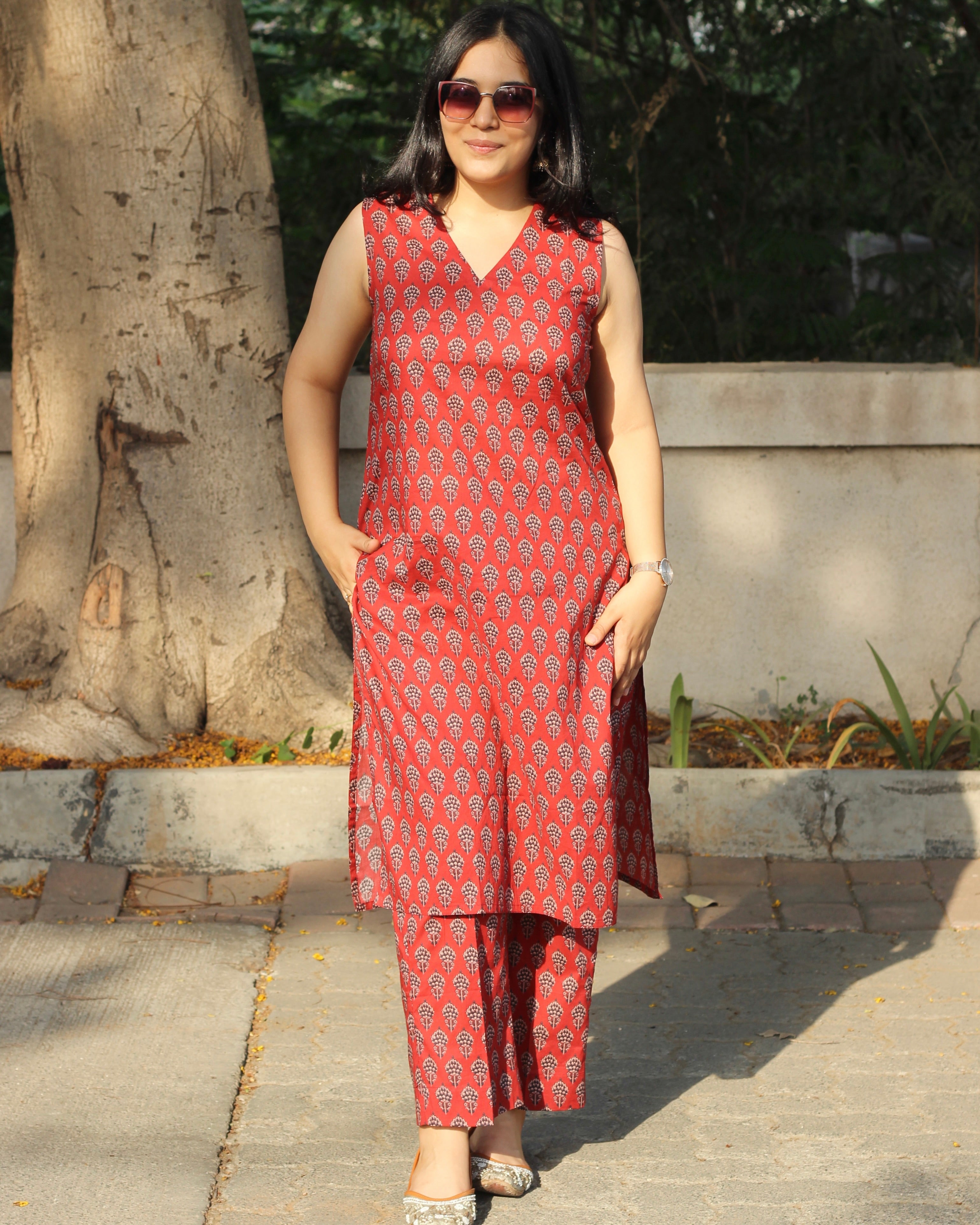 Red cambric cotton co-ord set- indiefabstore