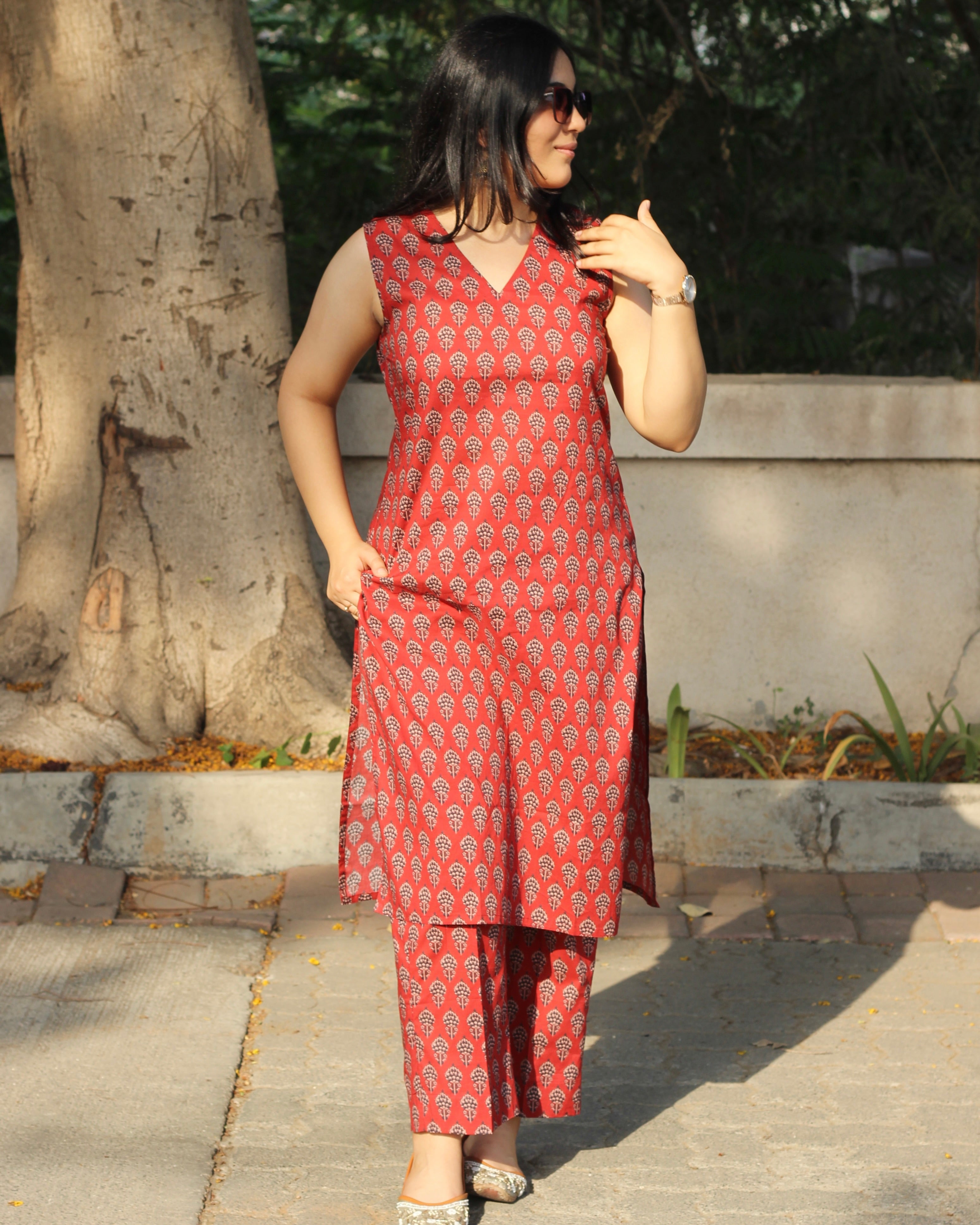 Red cambric cotton co-ord set- indiefabstore