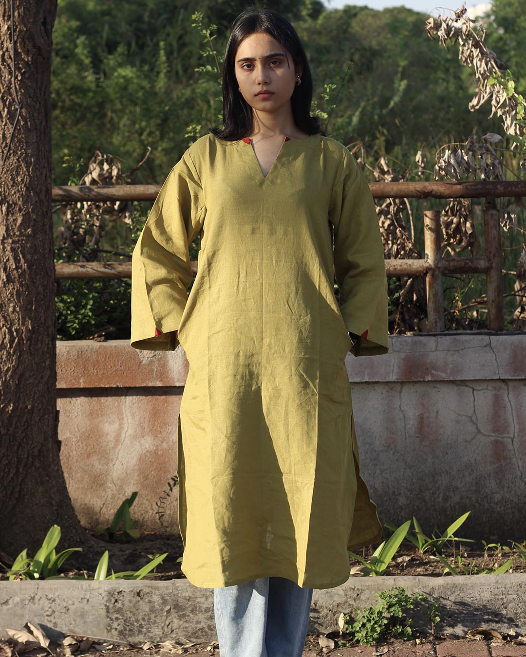 Mustard green Long Kurta in Premium Linen