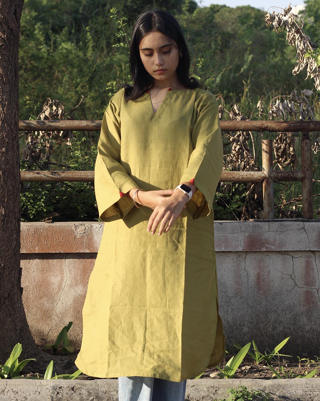 Mustard green Long Kurta in Premium Linen