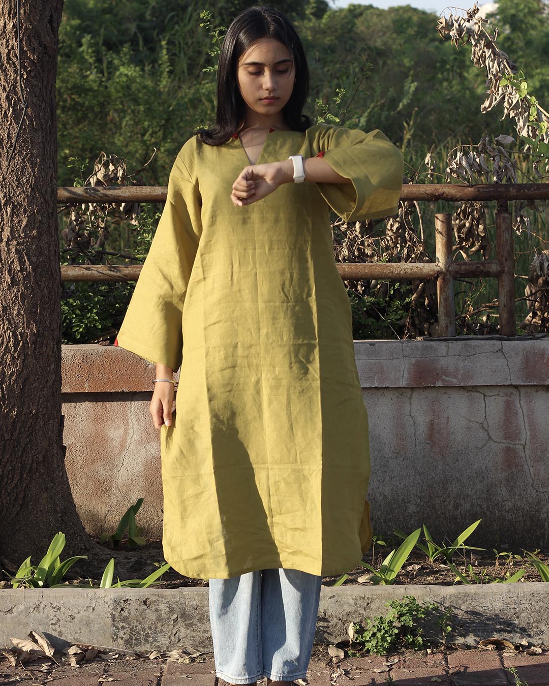 Mustard green Long Kurta in Premium Linen