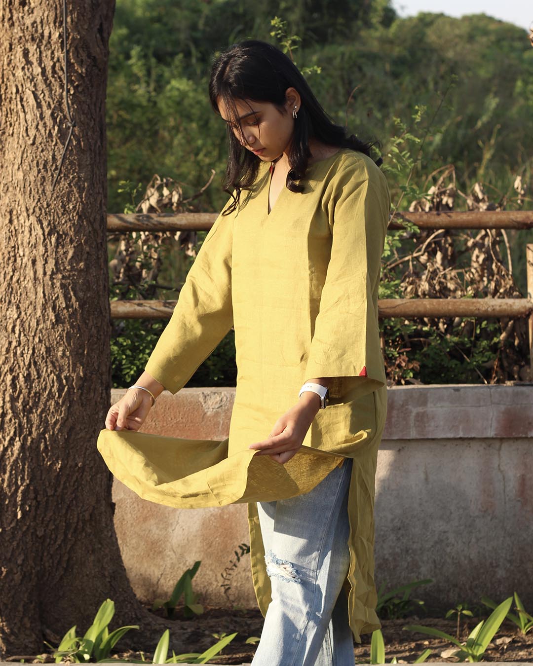 Mustard green Long Kurta in Premium Linen