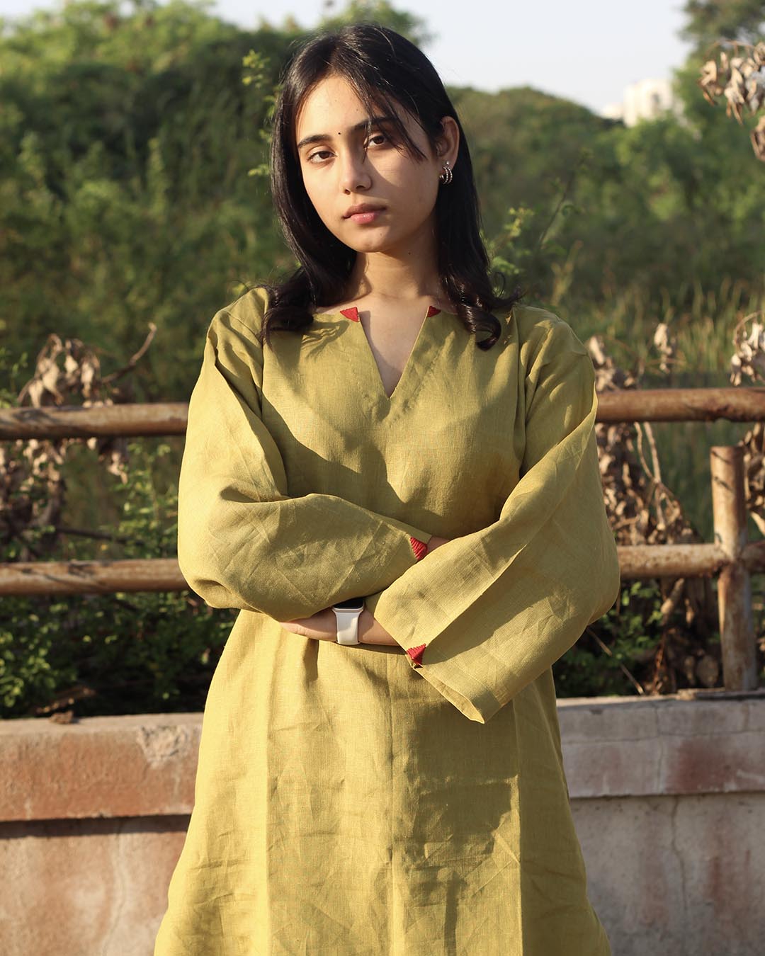 Mustard green Long Kurta in Premium Linen