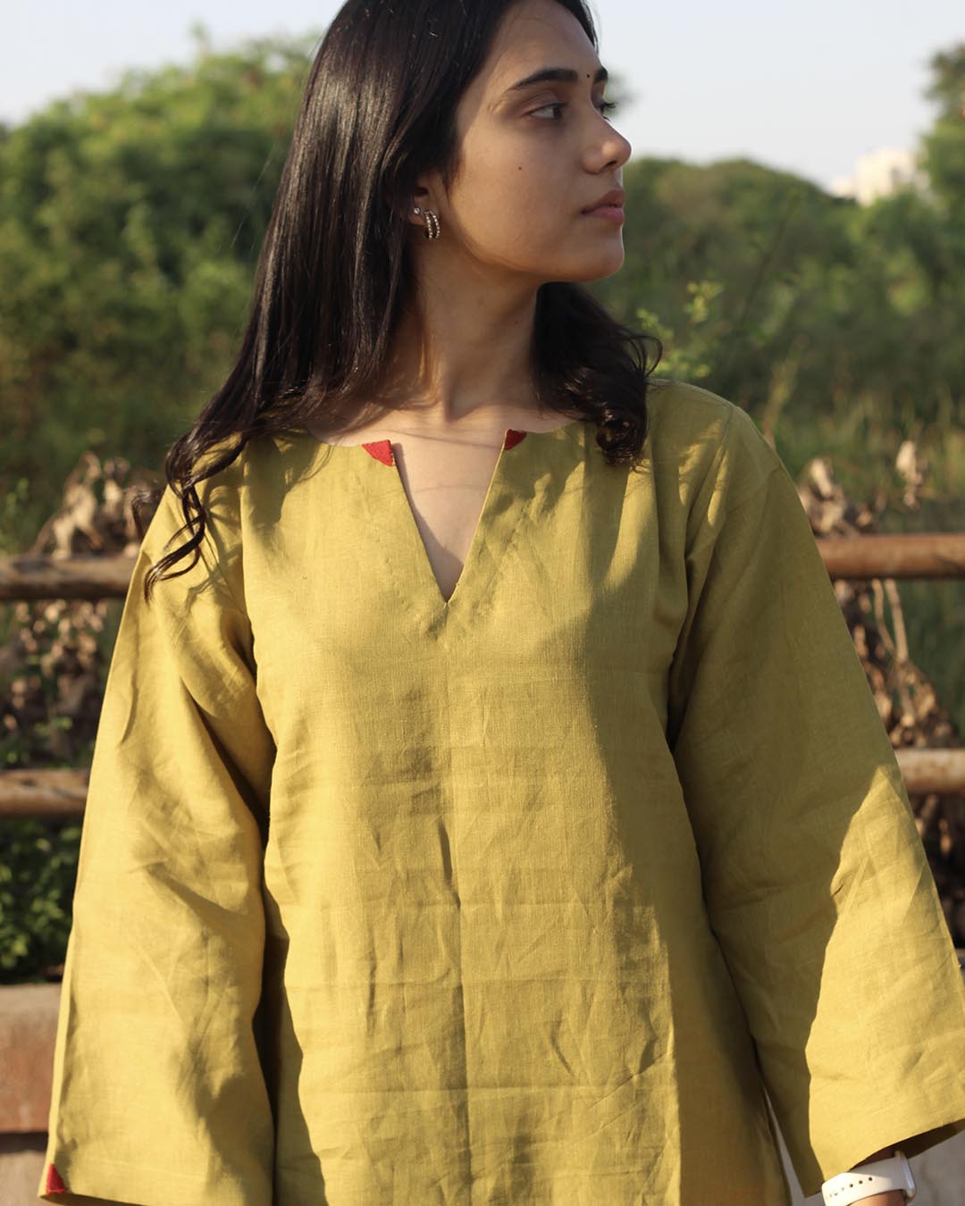 Mustard green Long Kurta in Premium Linen