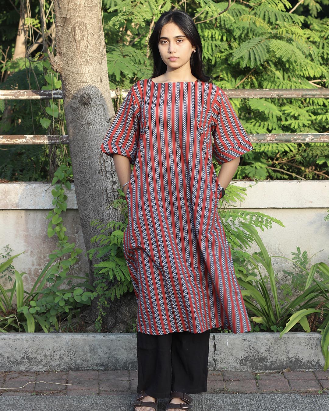 Pure cotton Ajrakh stripe A-Line kurta
