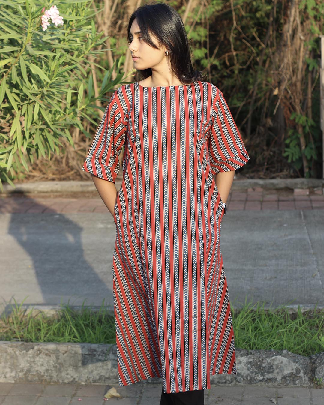 Pure cotton Ajrakh stripe A-Line kurta