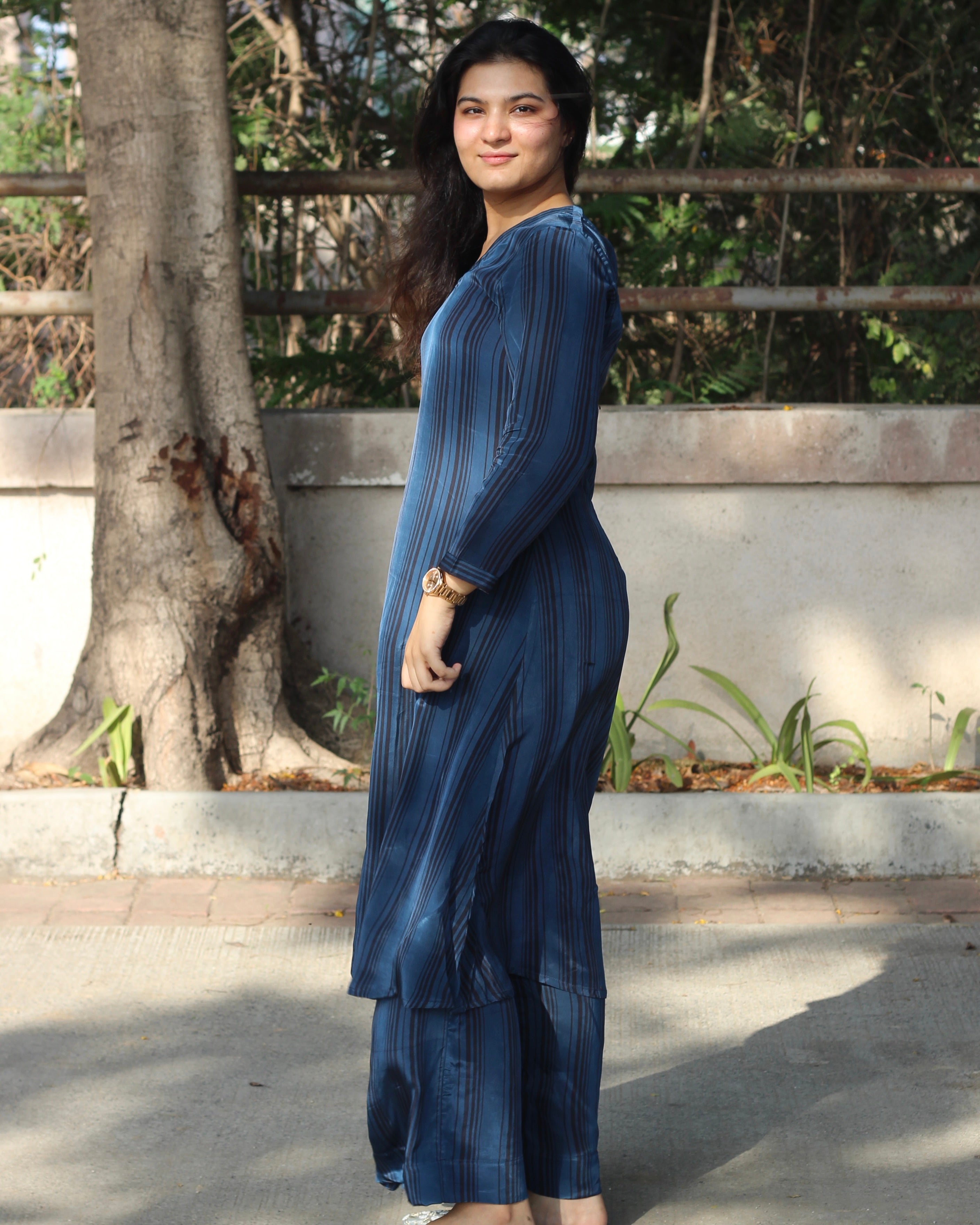 Rich Dark Blue Pure Crepe Kurta Set with V-Neck, 3/4 Sleeves, and Pockets - Available in Floral and Stripes Styles