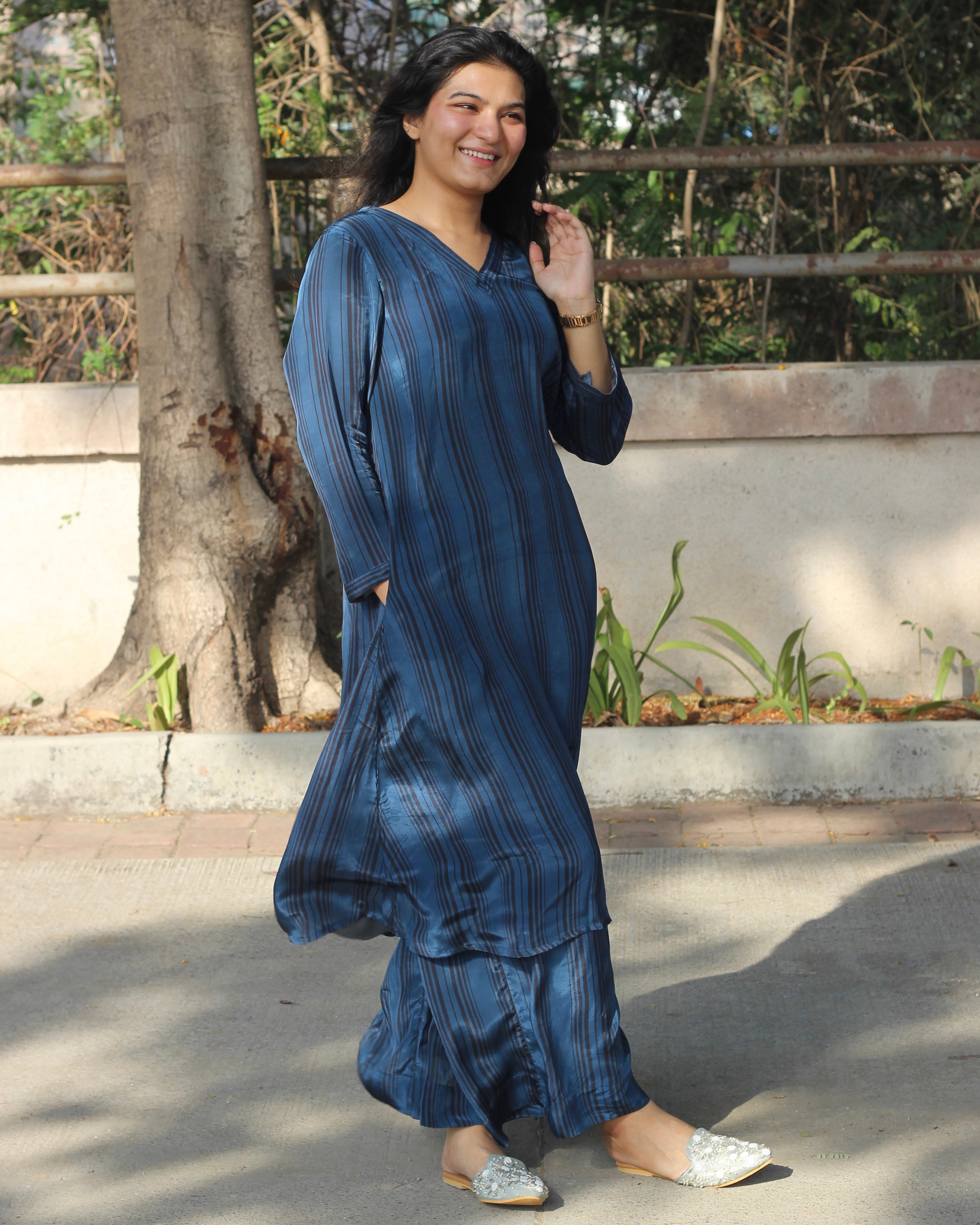 Rich Dark Blue Pure Crepe Kurta Set with V-Neck, 3/4 Sleeves, and Pockets - Available in Floral and Stripes Styles
