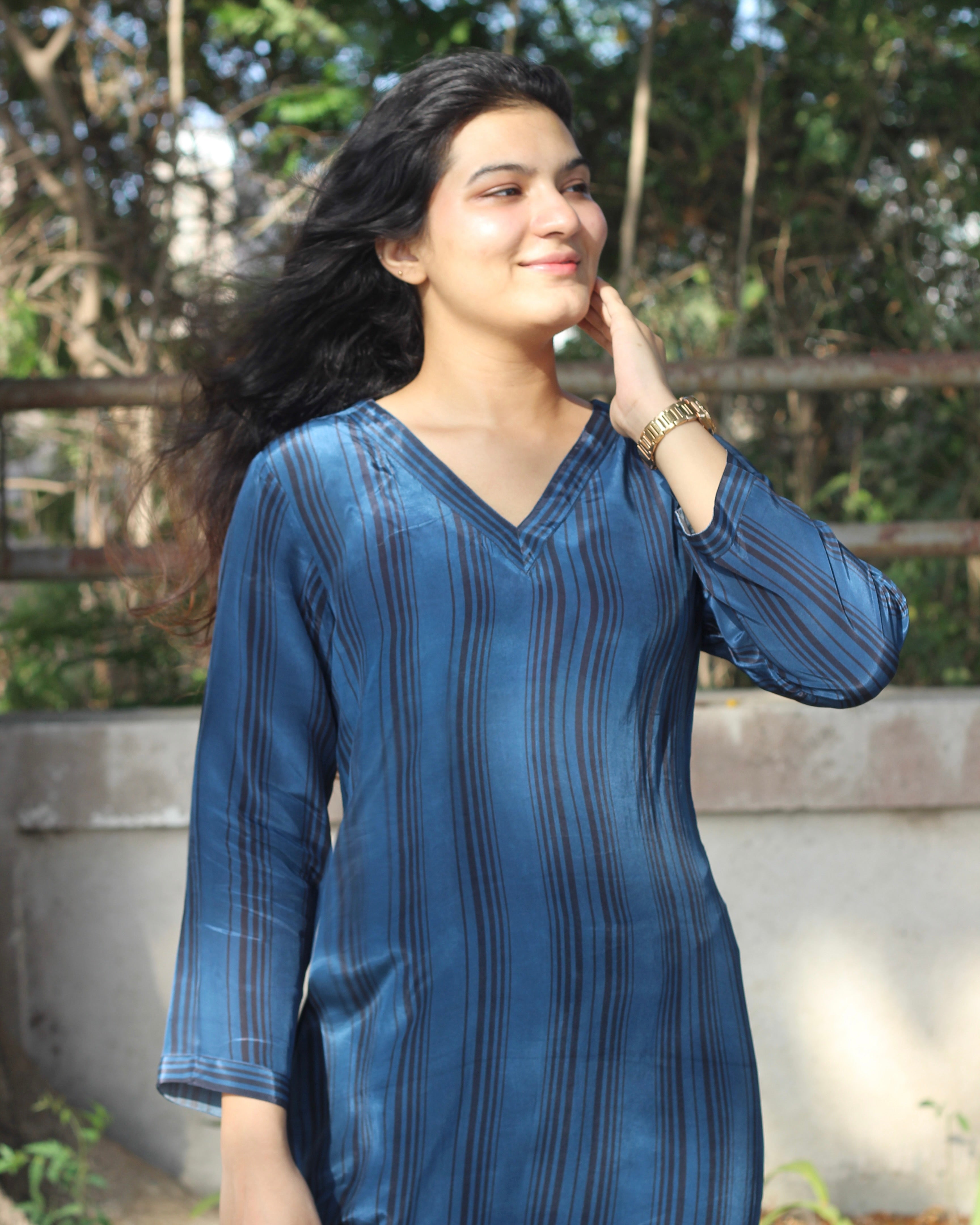 Rich Dark Blue Pure Crepe Kurta Set with V-Neck, 3/4 Sleeves, and Pockets - Available in Floral and Stripes Styles