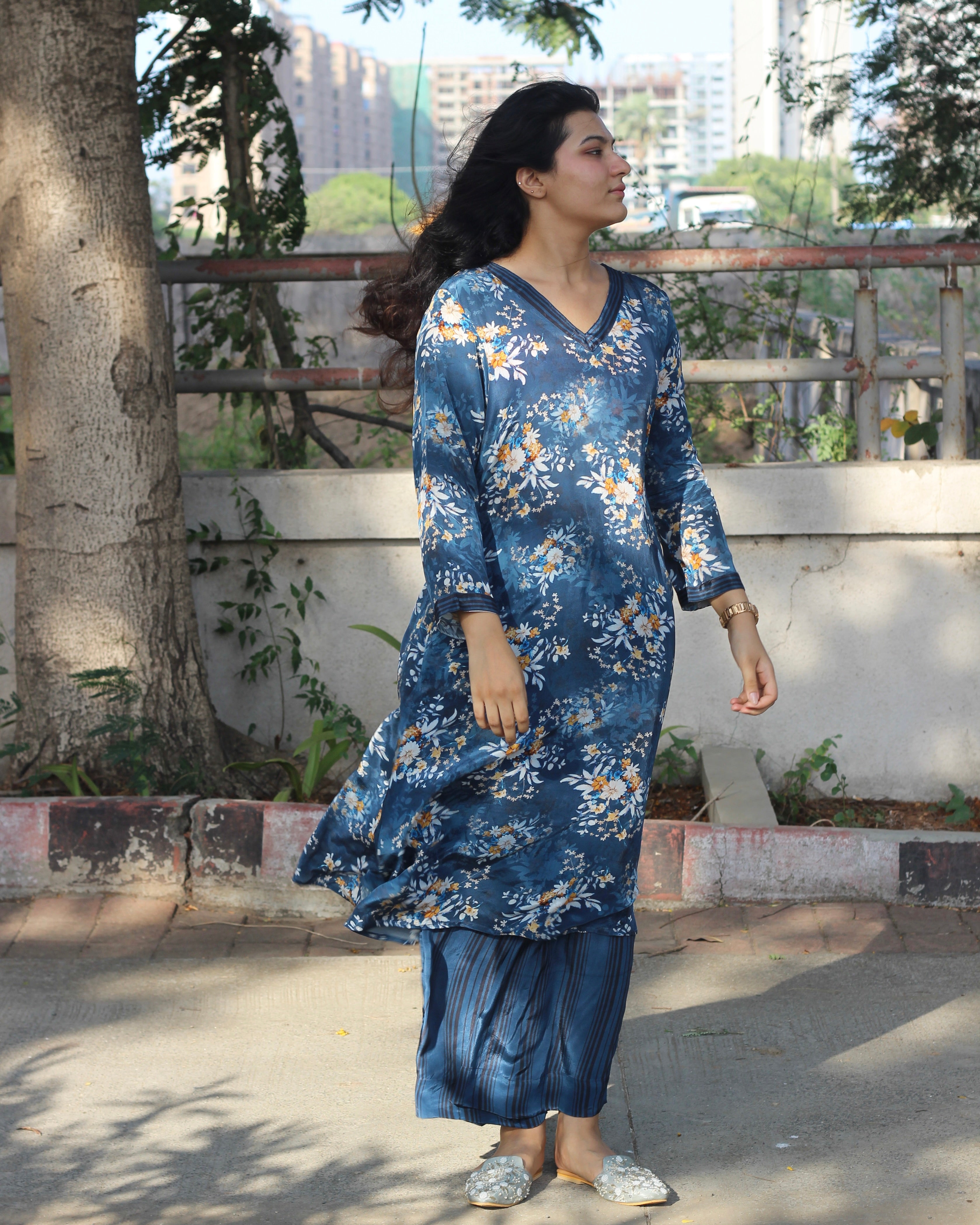 Rich Dark Blue Pure Crepe Kurta Set with V-Neck, 3/4 Sleeves, and Pockets - Available in Floral and Stripes Styles