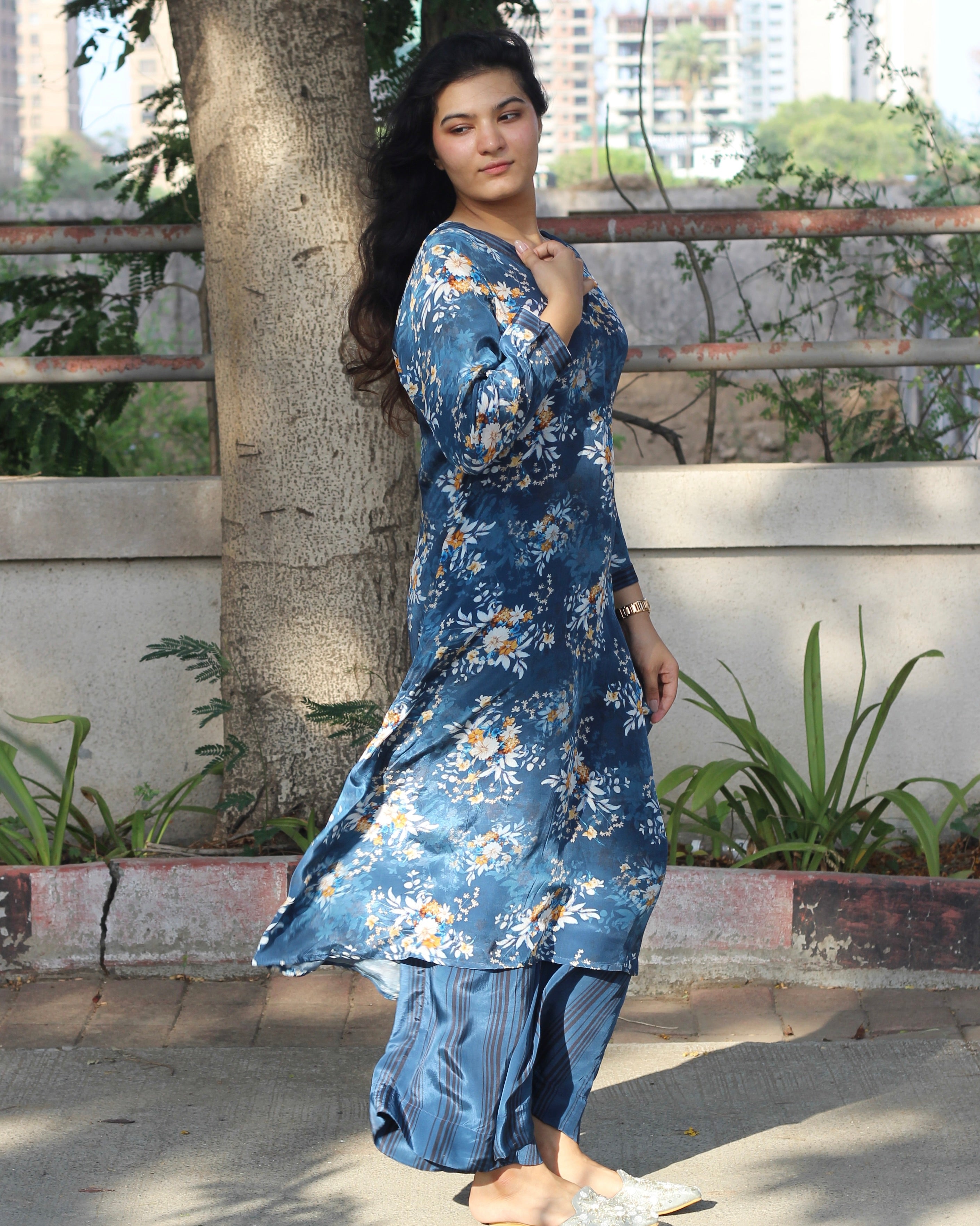Rich Dark Blue Pure Crepe Kurta Set with V-Neck, 3/4 Sleeves, and Pockets - Available in Floral and Stripes Styles