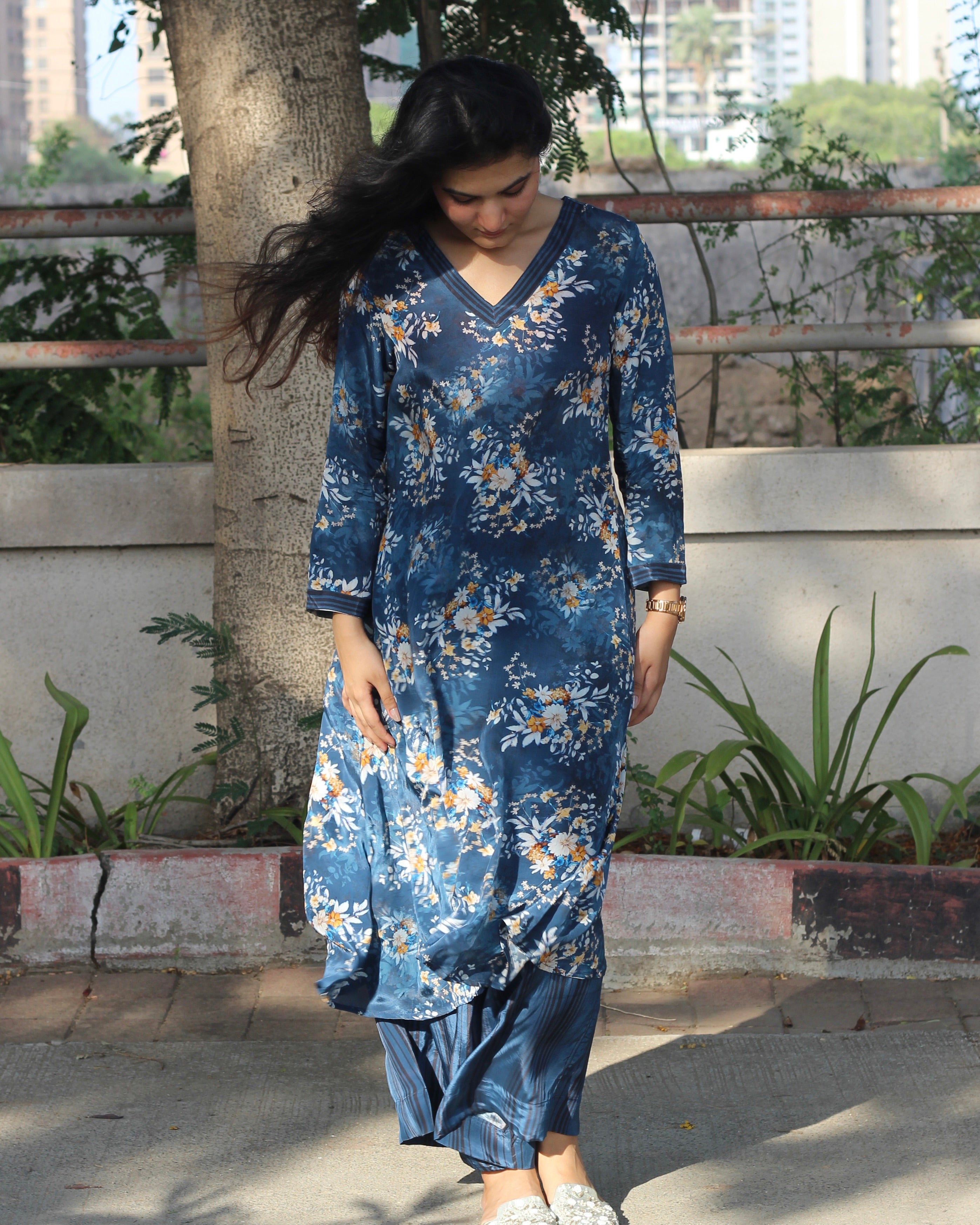 Rich Dark Blue Pure Crepe Kurta Set with V-Neck, 3/4 Sleeves, and Pockets - Available in Floral and Stripes Styles