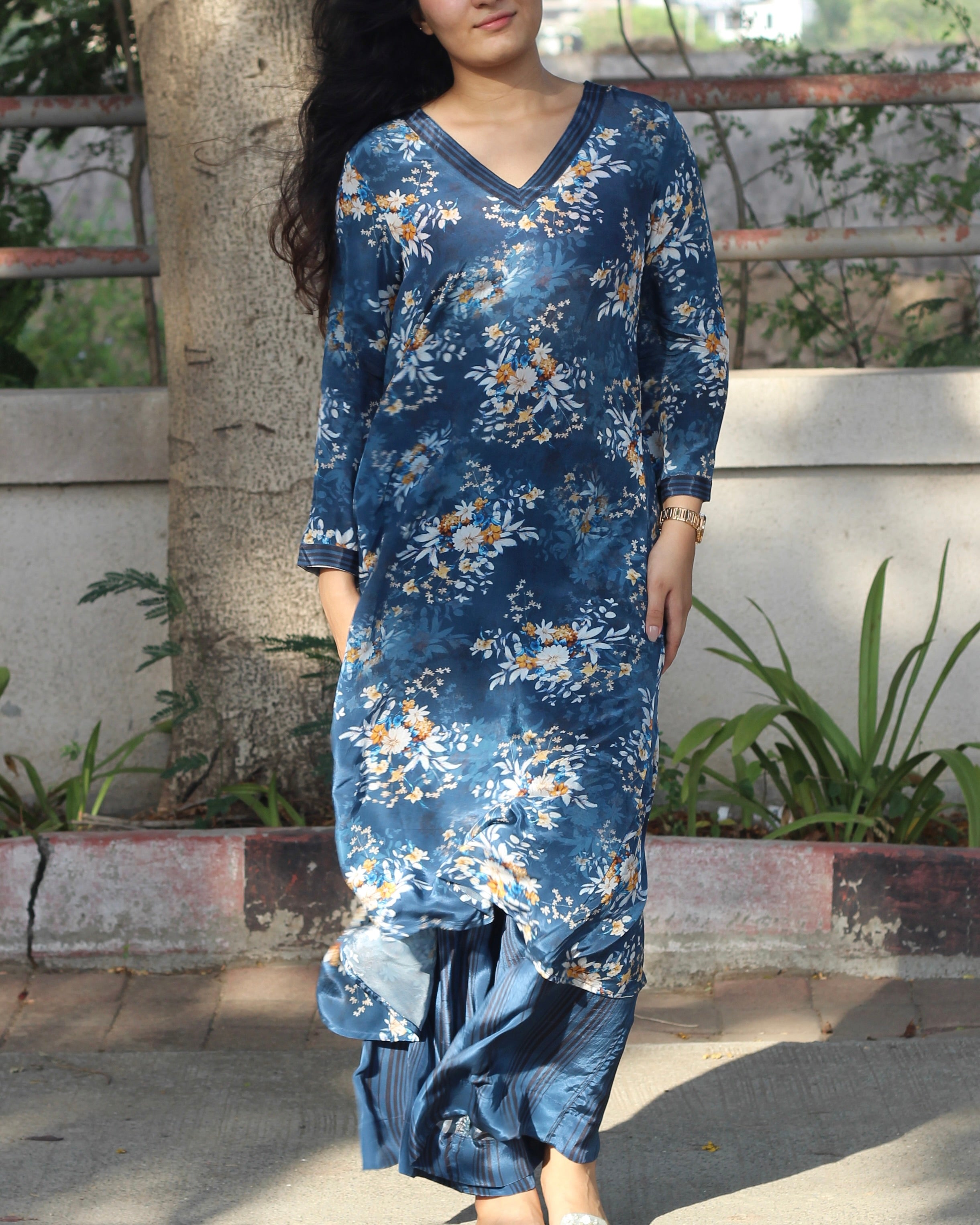 Rich Dark Blue Pure Crepe Kurta Set with V-Neck, 3/4 Sleeves, and Pockets - Available in Floral and Stripes Styles