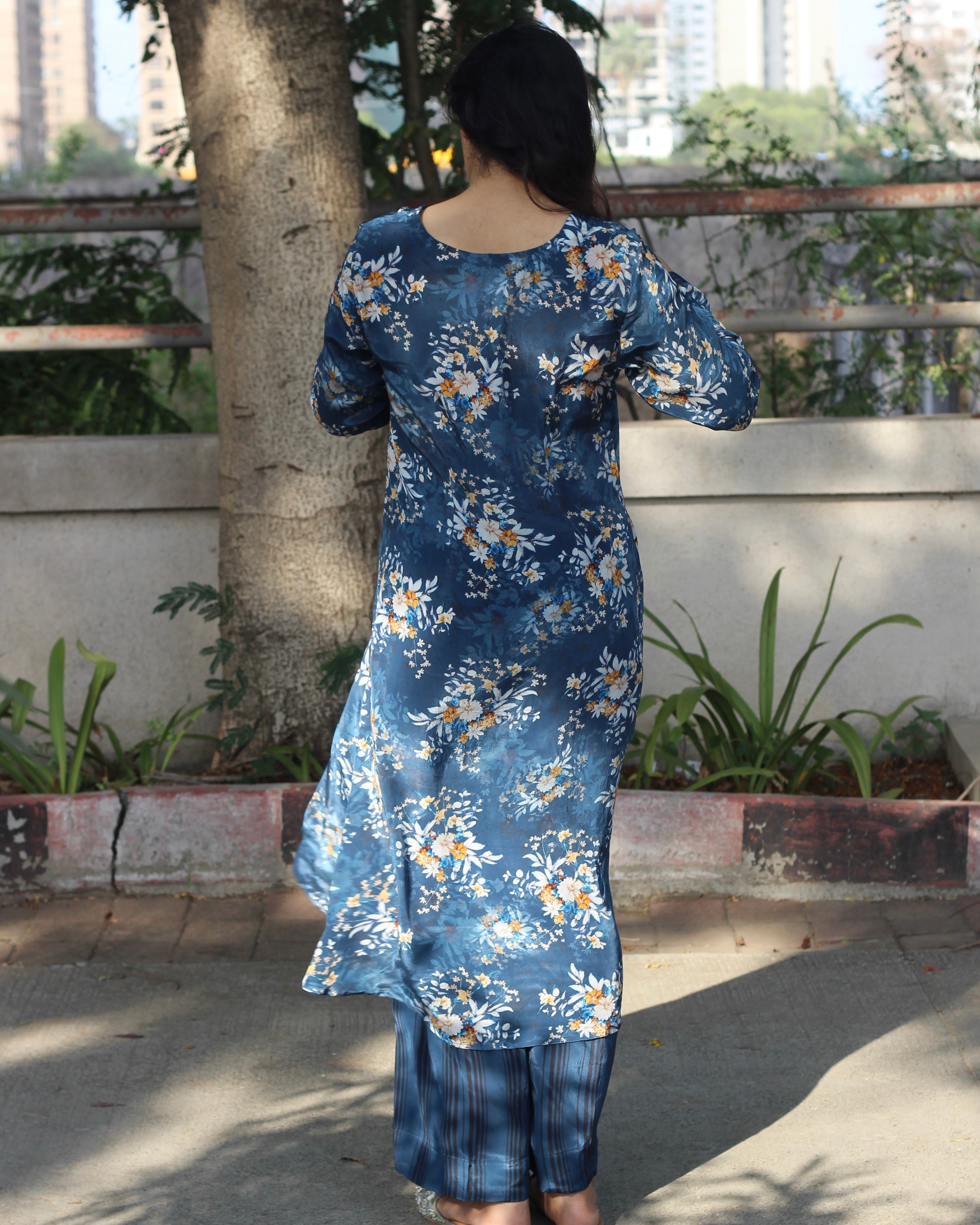 Rich Dark Blue Pure Crepe Kurta Set with V-Neck, 3/4 Sleeves, and Pockets - Available in Floral and Stripes Styles