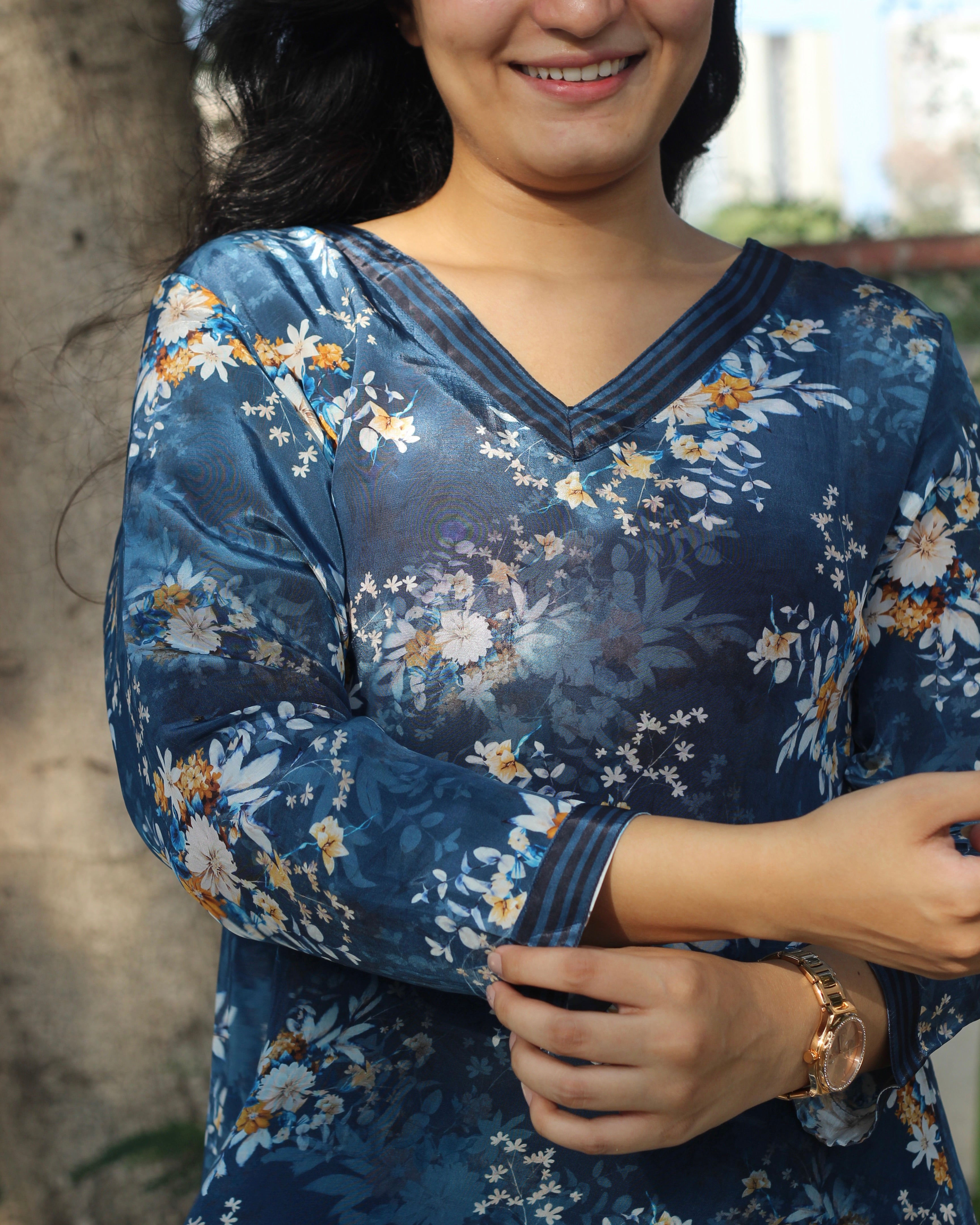 Rich Dark Blue Pure Crepe Kurta Set with V-Neck, 3/4 Sleeves, and Pockets - Available in Floral and Stripes Styles
