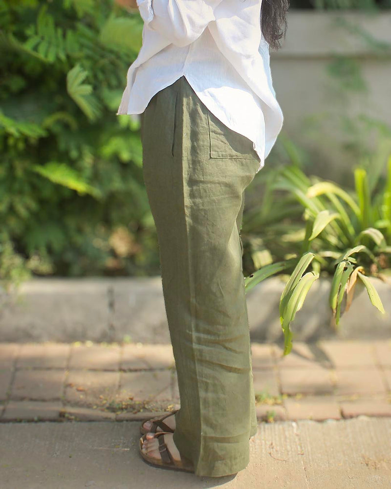 Pure Linen Pants - Dark Olive green