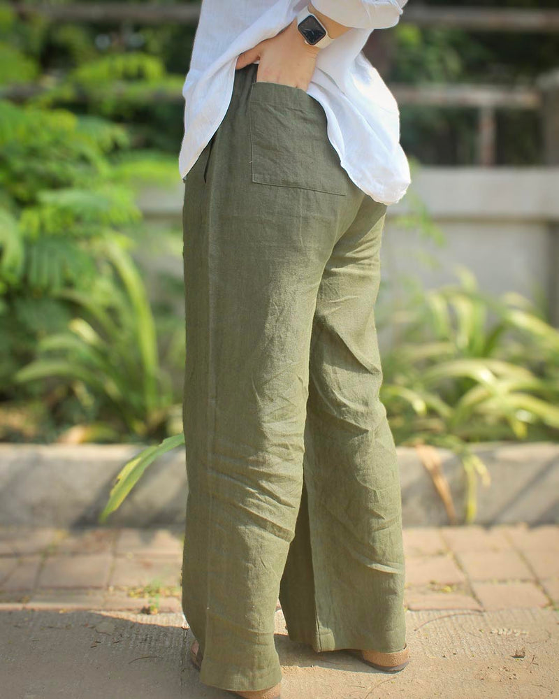 Pure Linen Pants - Dark Olive green