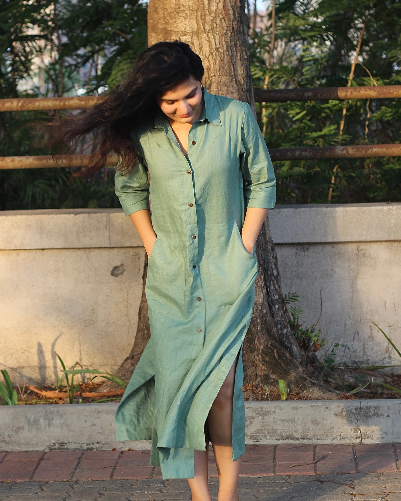 Sea Green Premium Linen Long Shirt Dress – indiefabstore