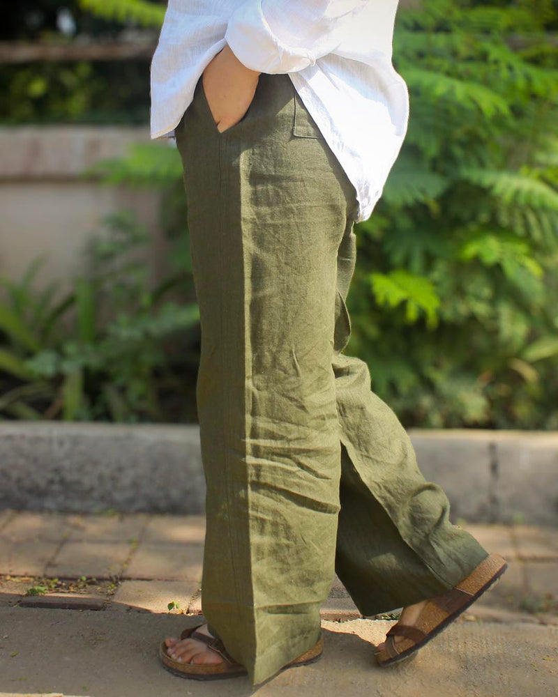 Pure Linen Pants - Dark Olive green